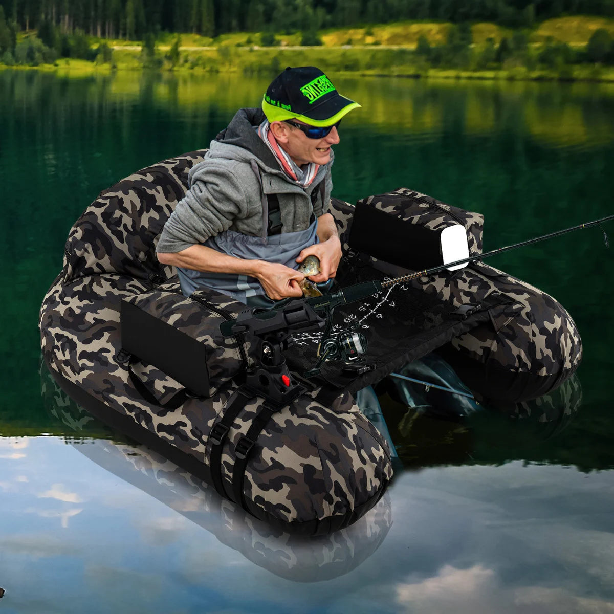 Inflatable Float Tube Fishing River Float with Adjustable Fishing Rod Holder-Colourful
