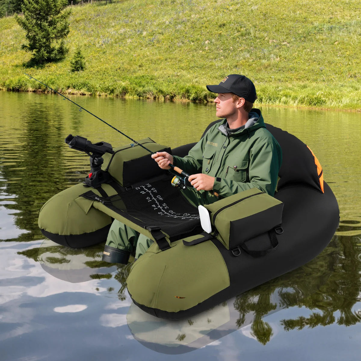 Inflatable Float Tube Fishing River Float with Adjustable Fishing Rod Holder-Colourful
