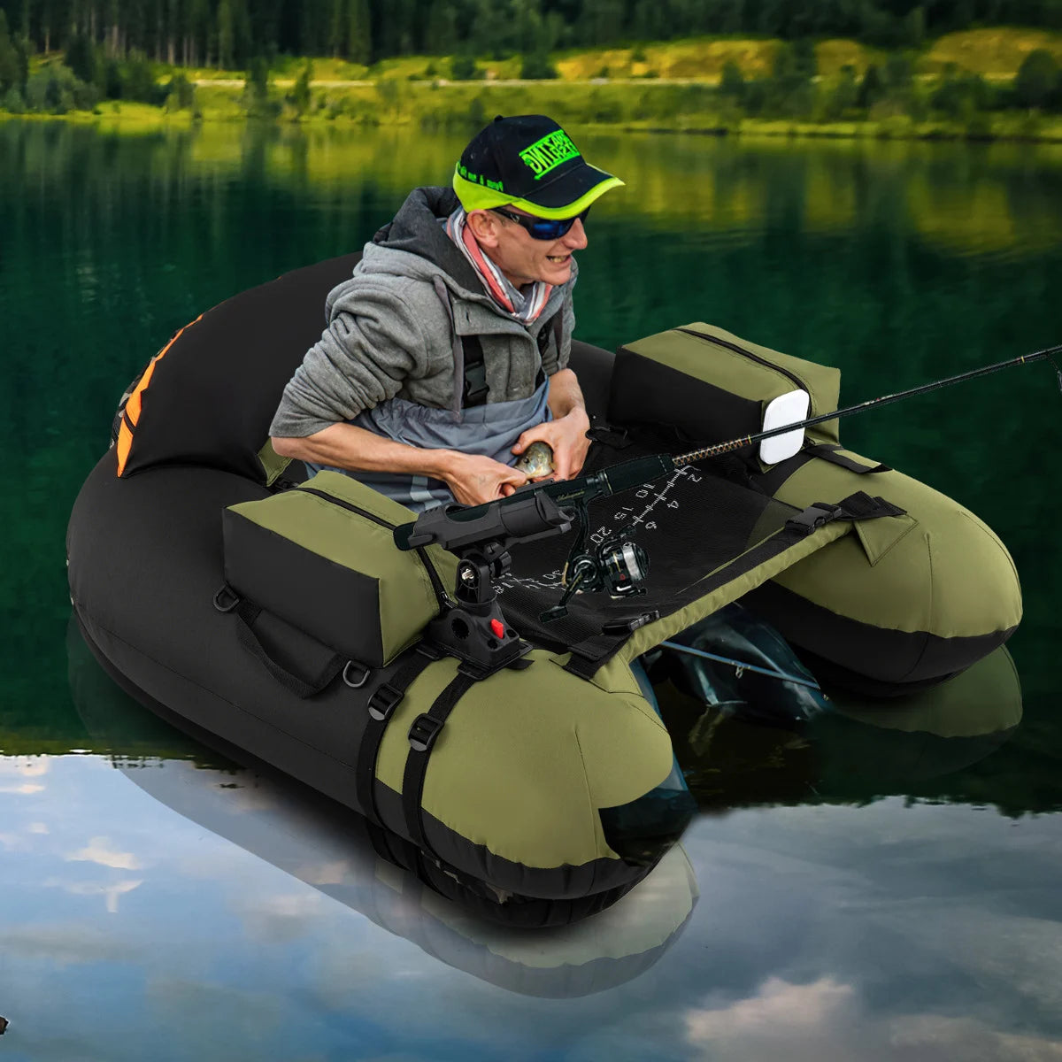 Inflatable Float Tube Fishing River Float with Adjustable Fishing Rod Holder-Colourful