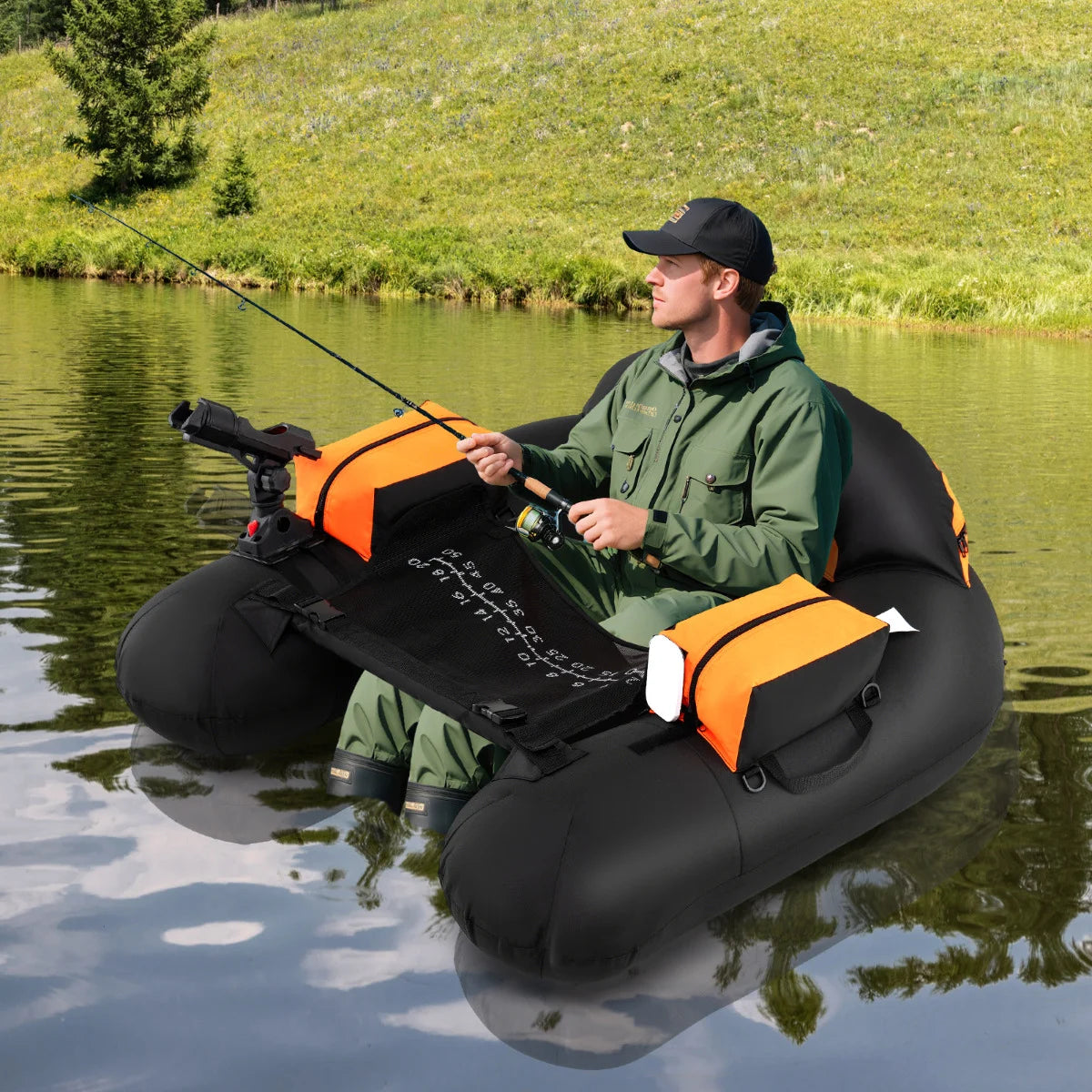 Inflatable Float Tube Fishing River Float with Adjustable Fishing Rod Holder-Colourful