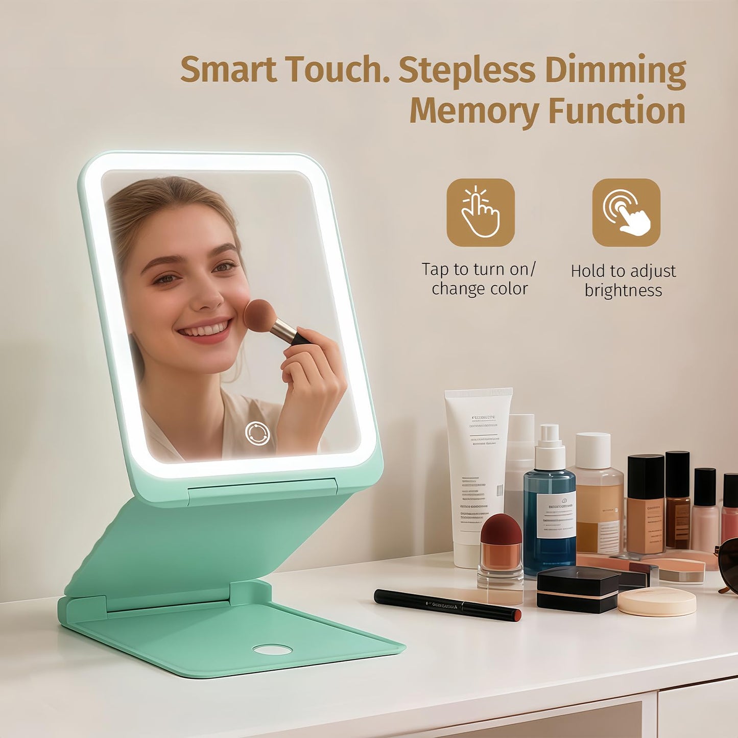 INFOOD Travel Makeup Mirror - Rechargeable LED Vanity with 1x/3x Magnification, 3-Color Dimmable Light, Foldable Mint Green