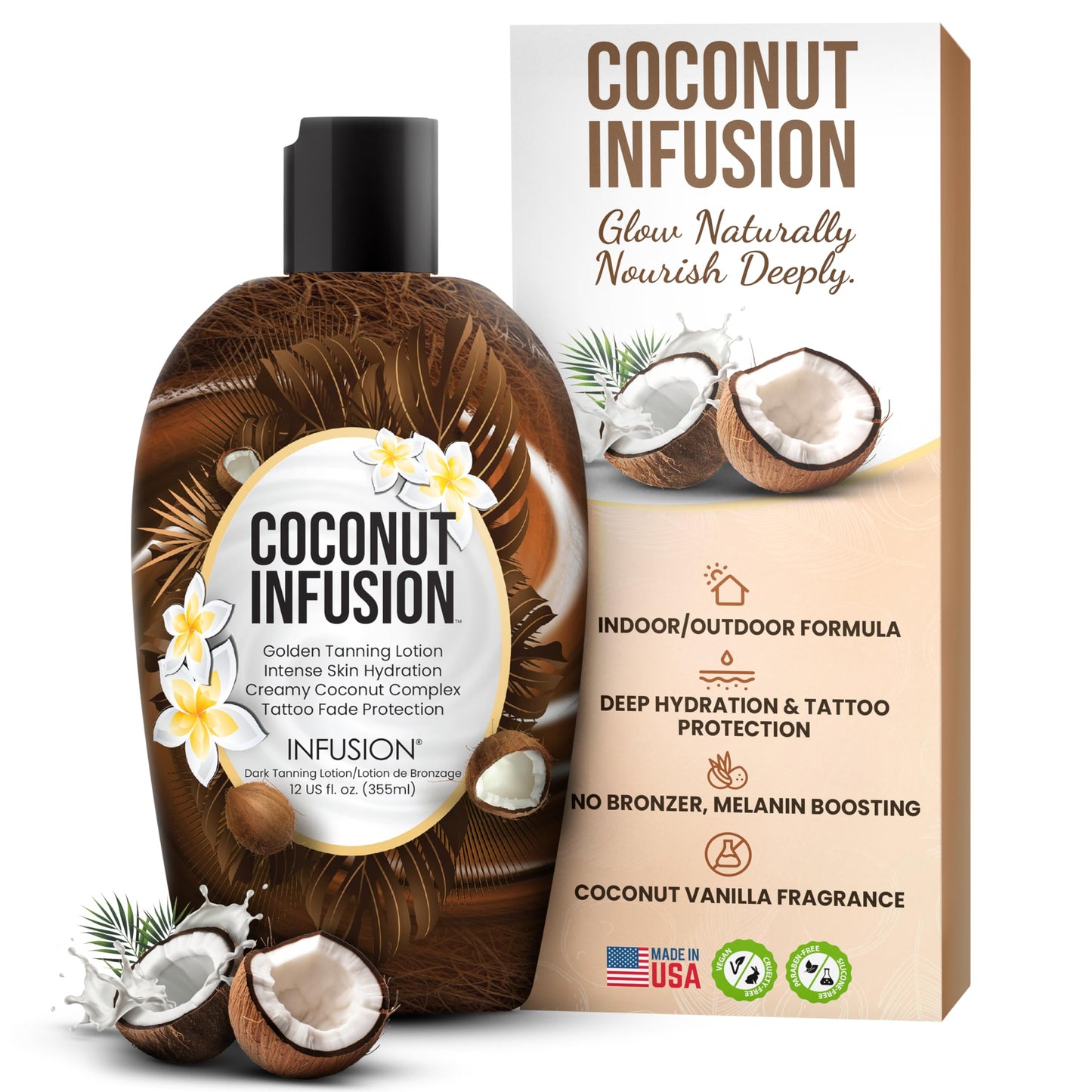 Infusion Coconut Infusion Tanning Lotion – Indoor & Outdoor Tan Accelerator, Hydrating, No Bronzer, Safe for Face, Body, and Tattoos