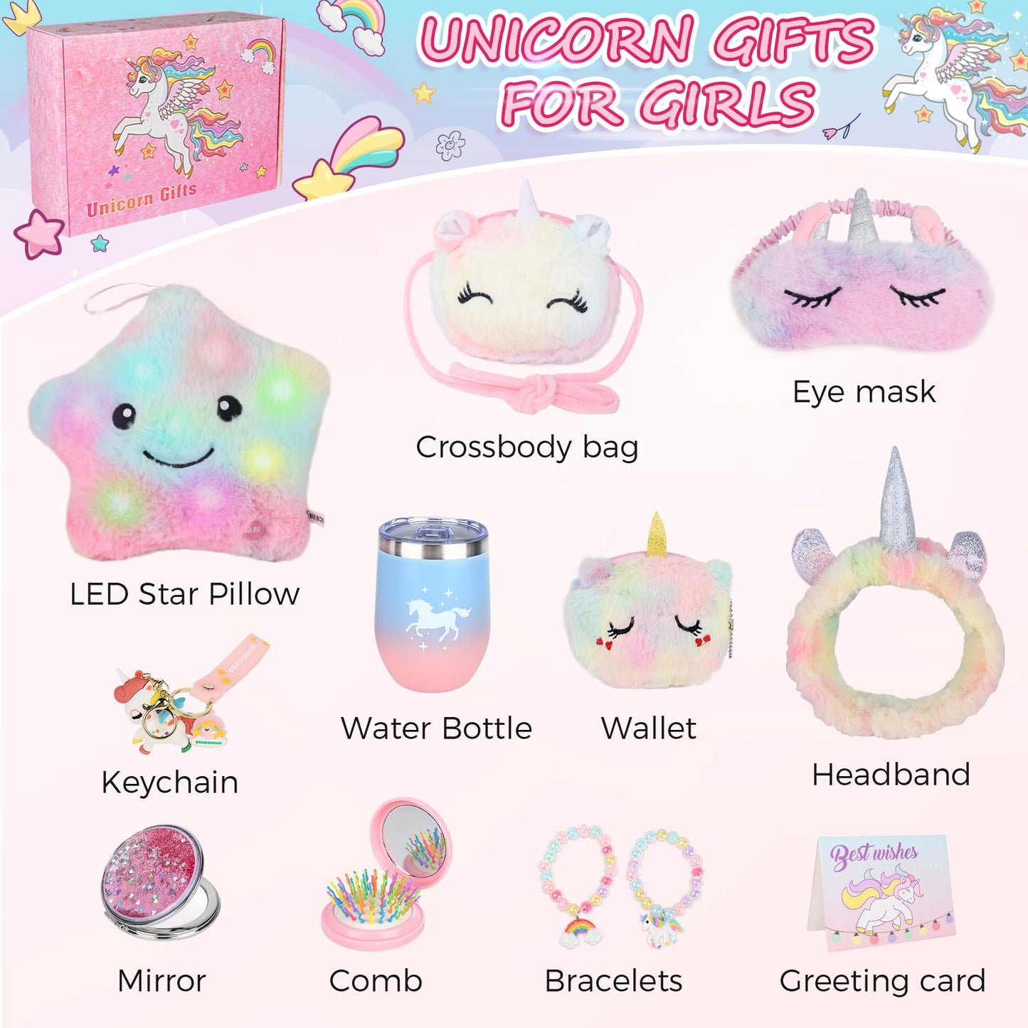 Ingbear Unicorn Toys Gift Set for Girls 4-8 – Plush Pillow, Water Bottle, Crossbody Bag & Accessories