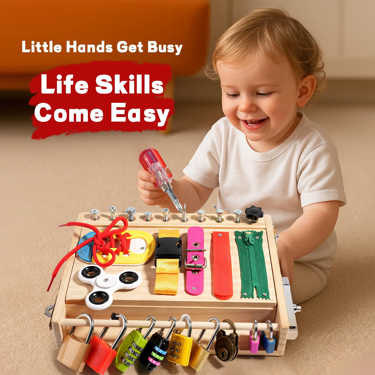 INIFEIDALA Montessori Wooden Busy Board – Fine Motor Skills Toy for 2–5 Year Olds