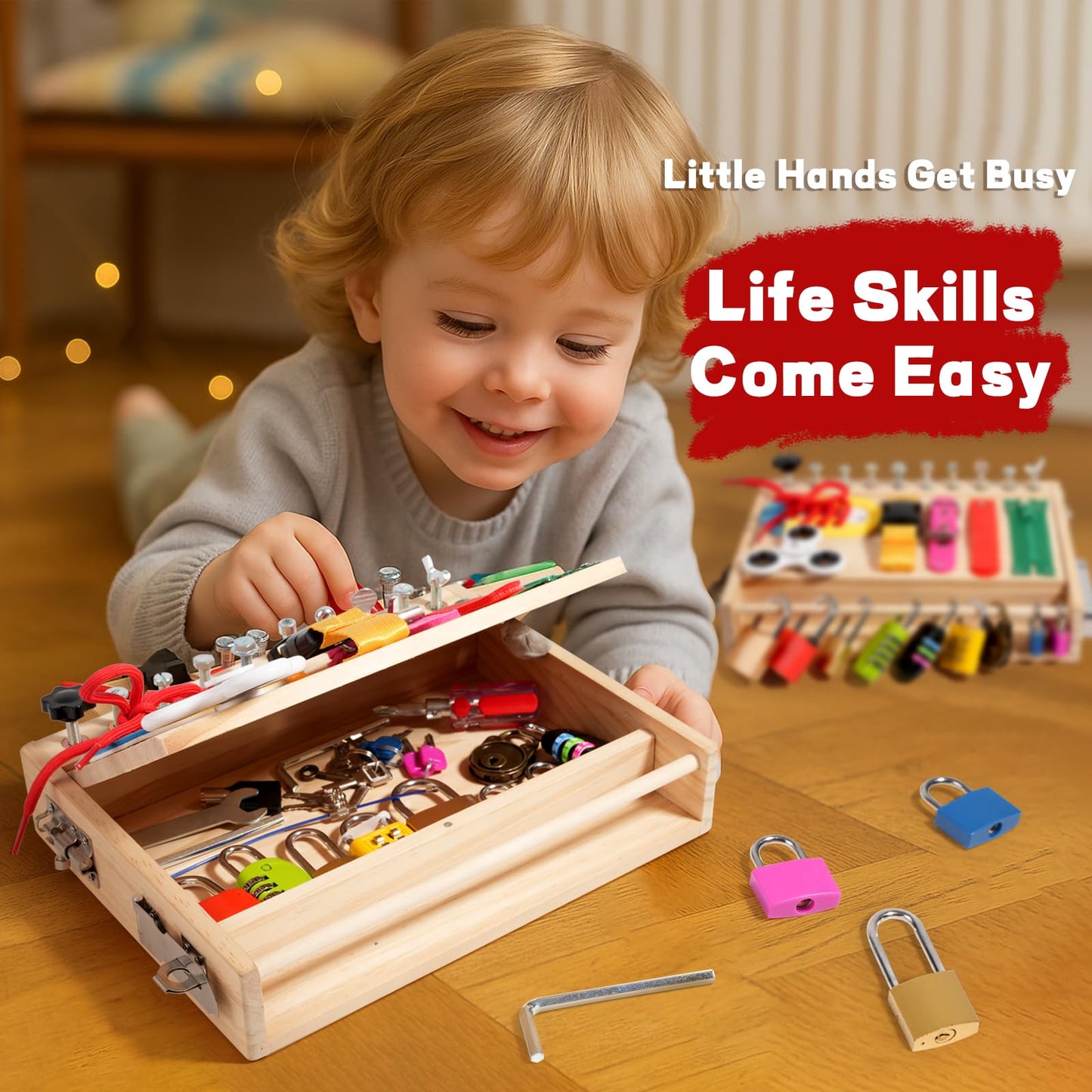 INIFEIDALA Montessori Wooden Busy Board – Fine Motor Skills Toy for 2–5 Year Olds