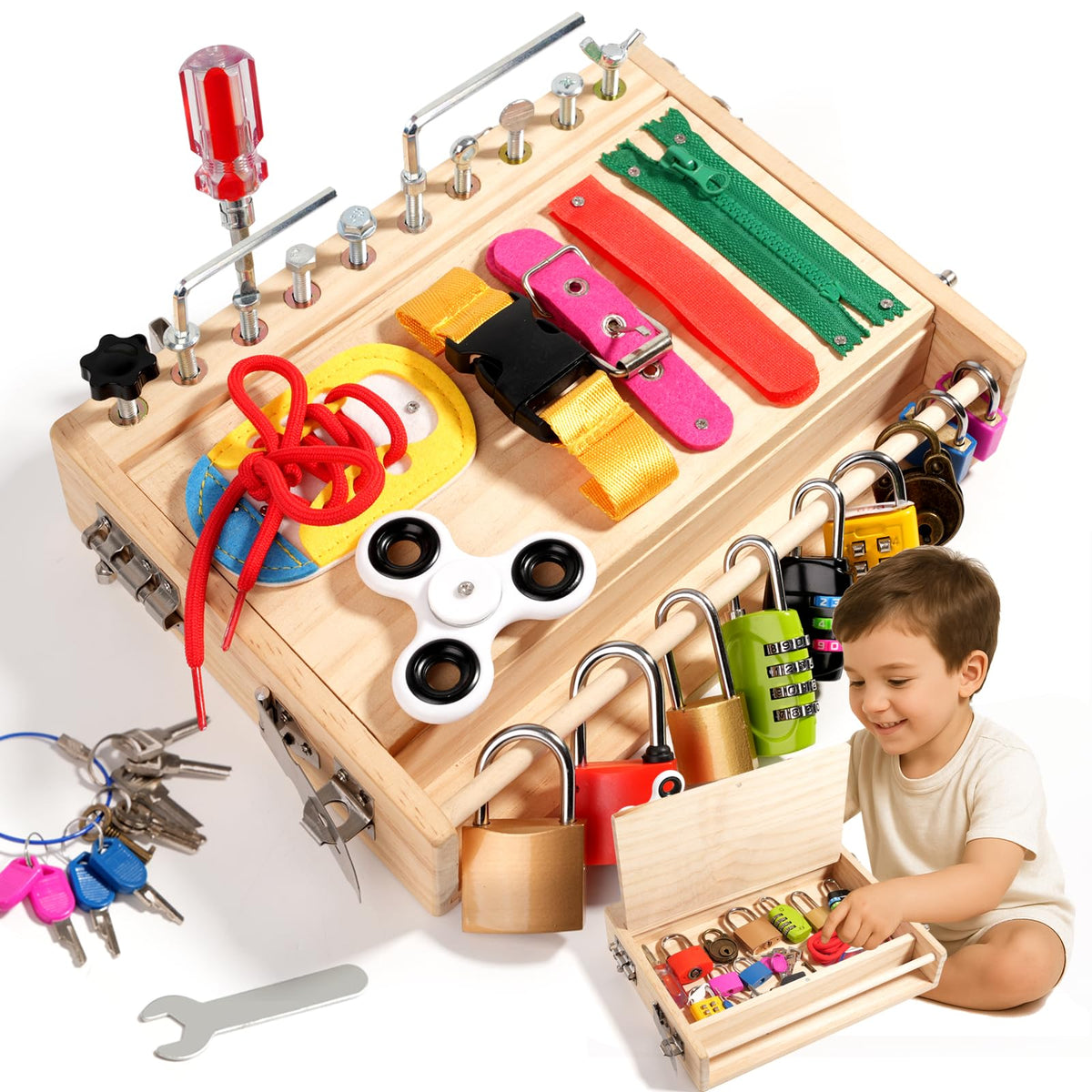 INIFEIDALA Montessori Wooden Busy Board – Fine Motor Skills Toy for 2–5 Year Olds