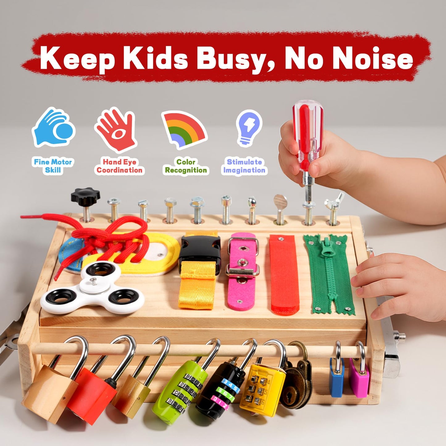 INIFEIDALA Montessori Wooden Busy Board – Fine Motor Skills Toy for 2–5 Year Olds