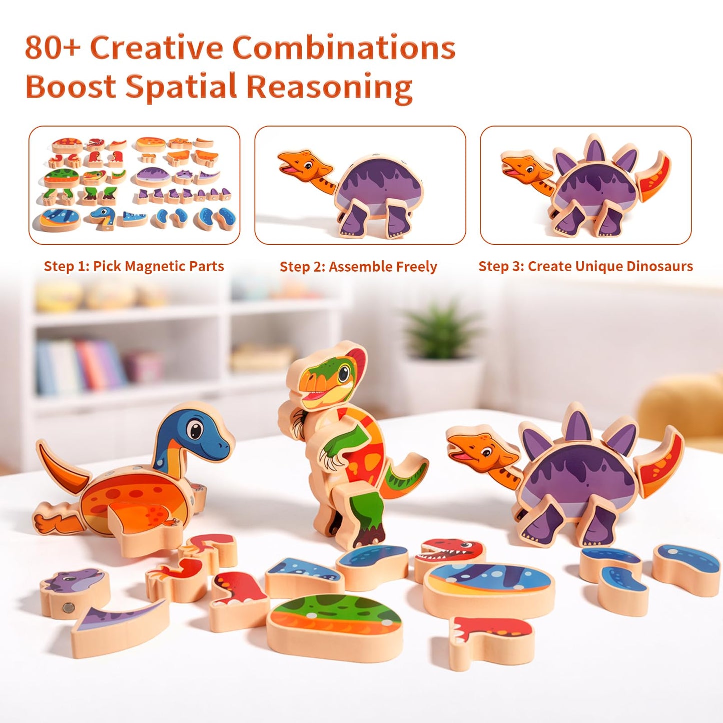 INIFEIDALA Magnetic Dinosaur Building Toys – Wooden Take-Apart Dino Blocks for STEM Learning (3+ Years)