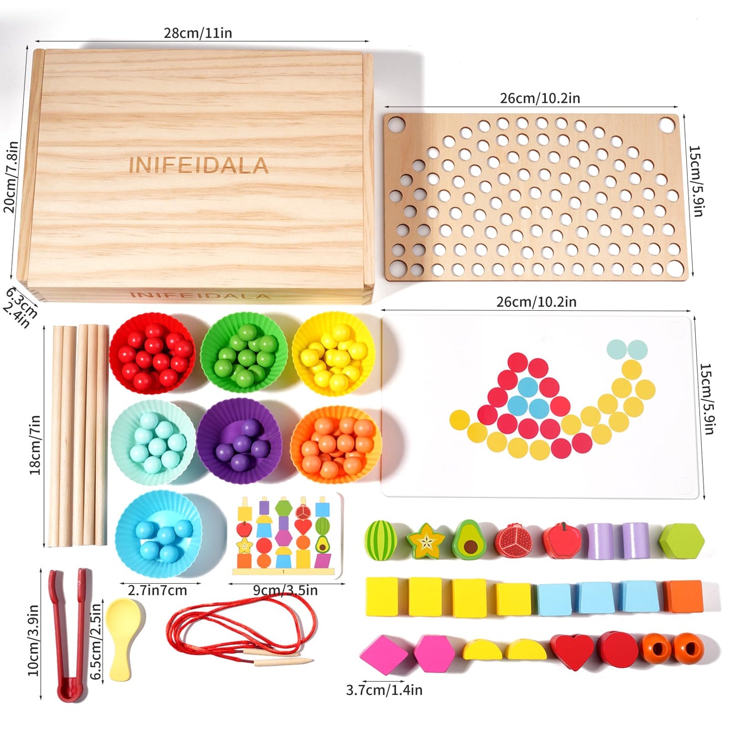 INIFEIDALA Toddler Montessori Toys – Rainbow Stacking, Beading & Shape Matching Set for 3-6 Year Olds
