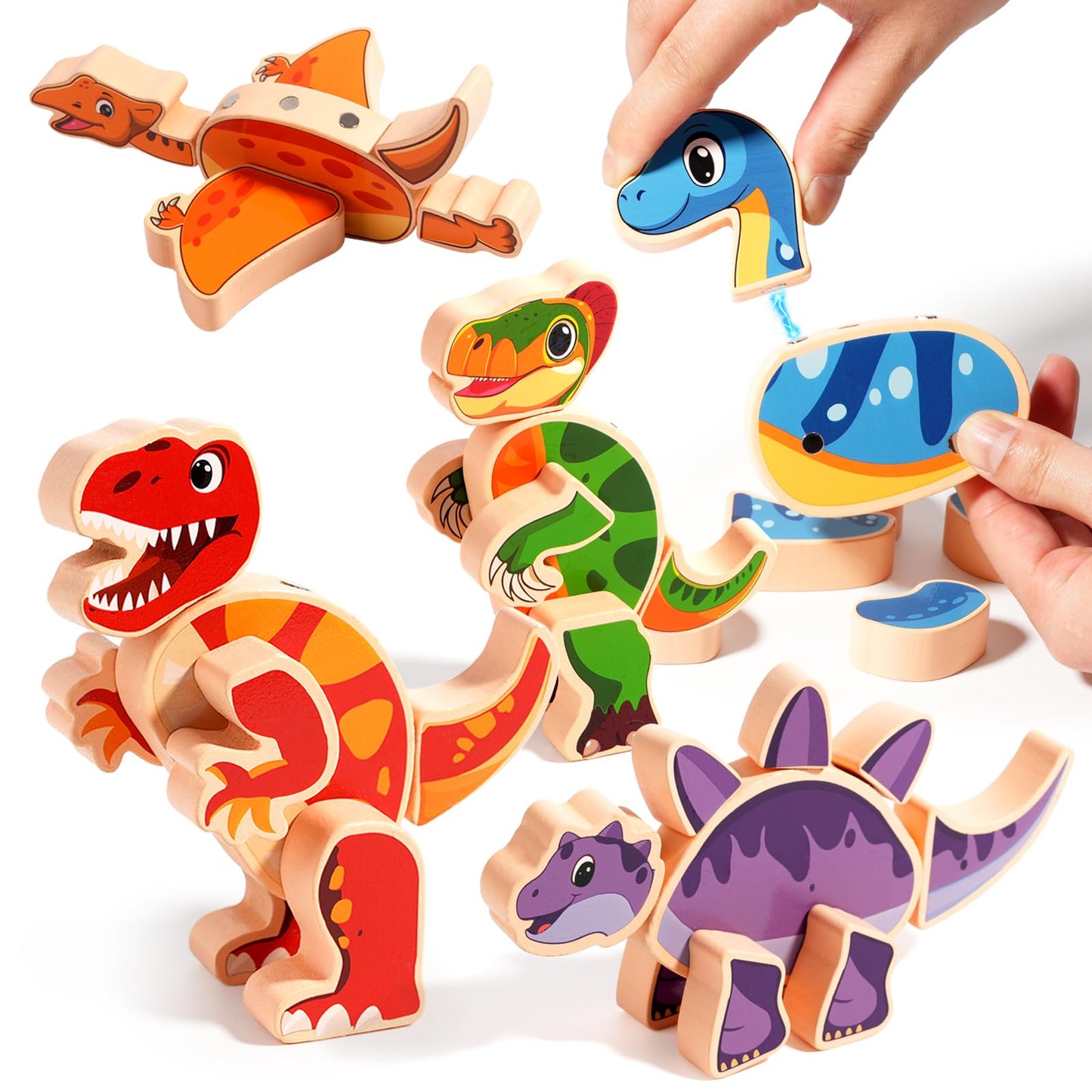 INIFEIDALA Magnetic Dinosaur Building Toys – Wooden Take-Apart Dino Blocks for STEM Learning (3+ Years)