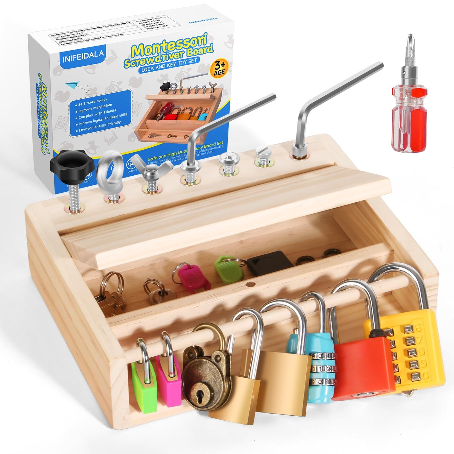 INIFEIDALA Montessori Screwdriver Board Set – Locks & Keys Toy for 3–5 Year Olds | Fine Motor & STEM