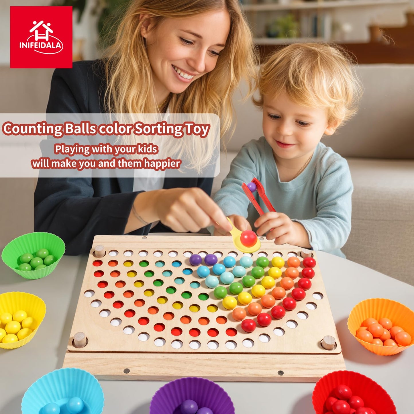 INIFEIDALA Toddler Montessori Toys – Rainbow Stacking, Beading & Shape Matching Set for 3-6 Year Olds