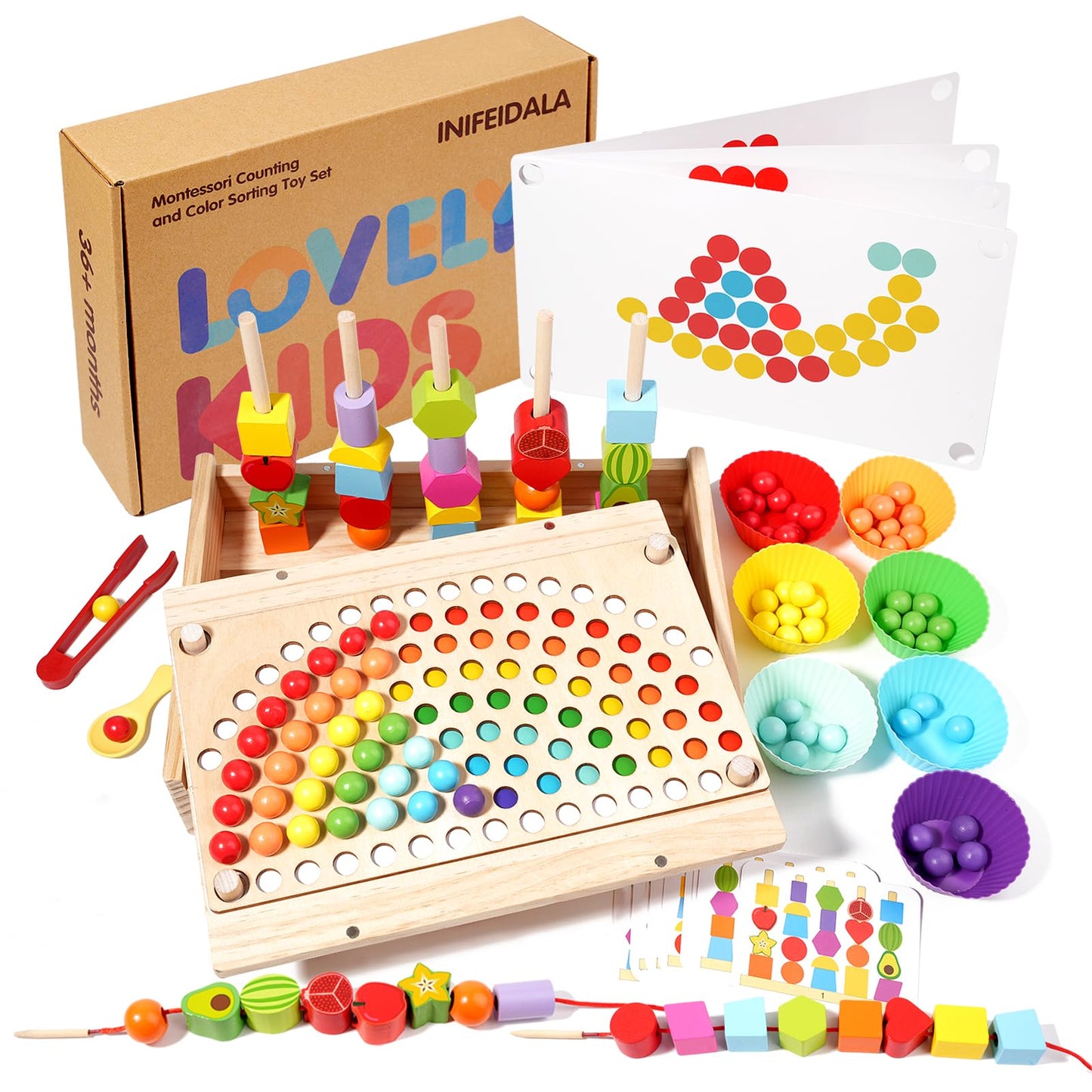 INIFEIDALA Toddler Montessori Toys – Rainbow Stacking, Beading & Shape Matching Set for 3-6 Year Olds