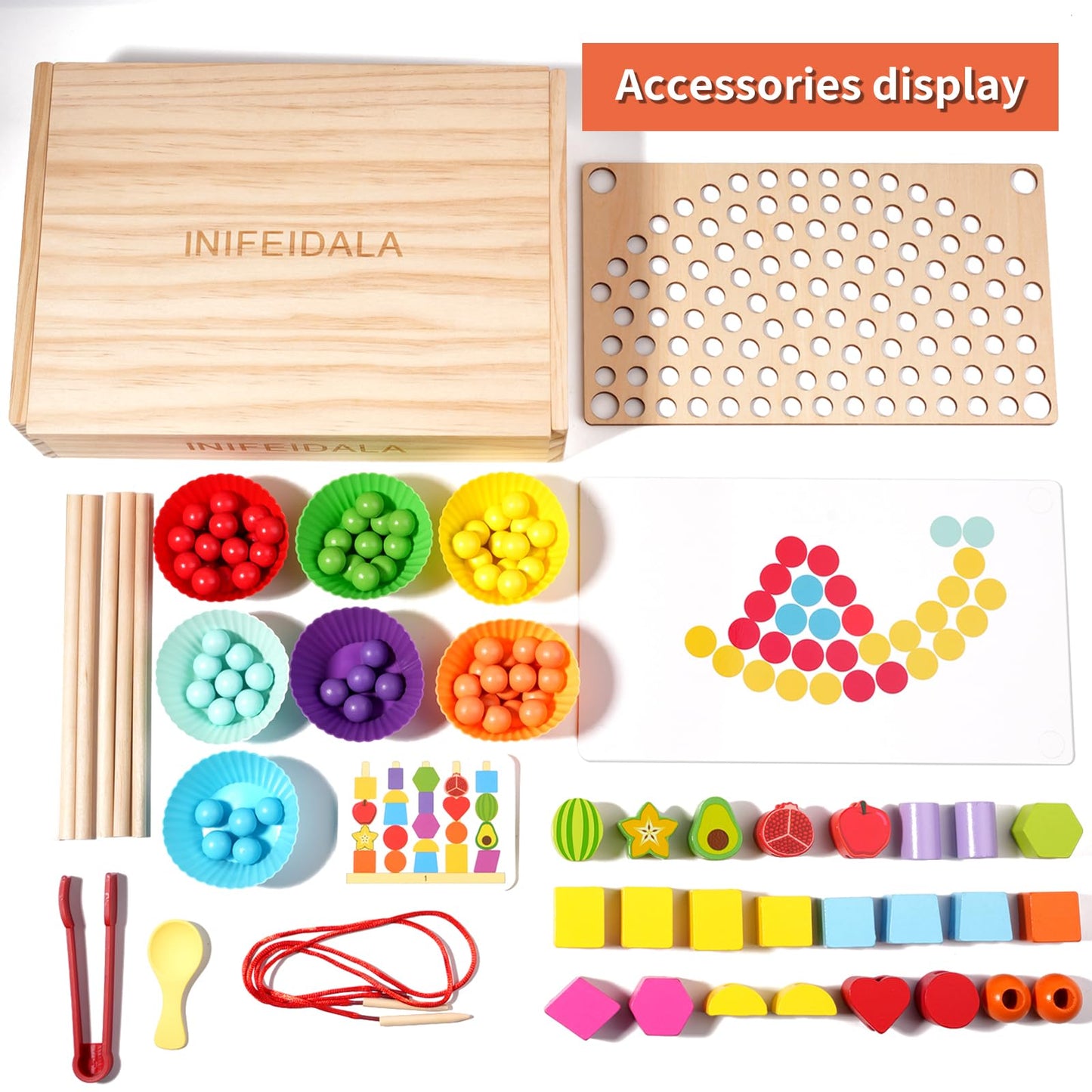 INIFEIDALA Toddler Montessori Toys – Rainbow Stacking, Beading & Shape Matching Set for 3-6 Year Olds