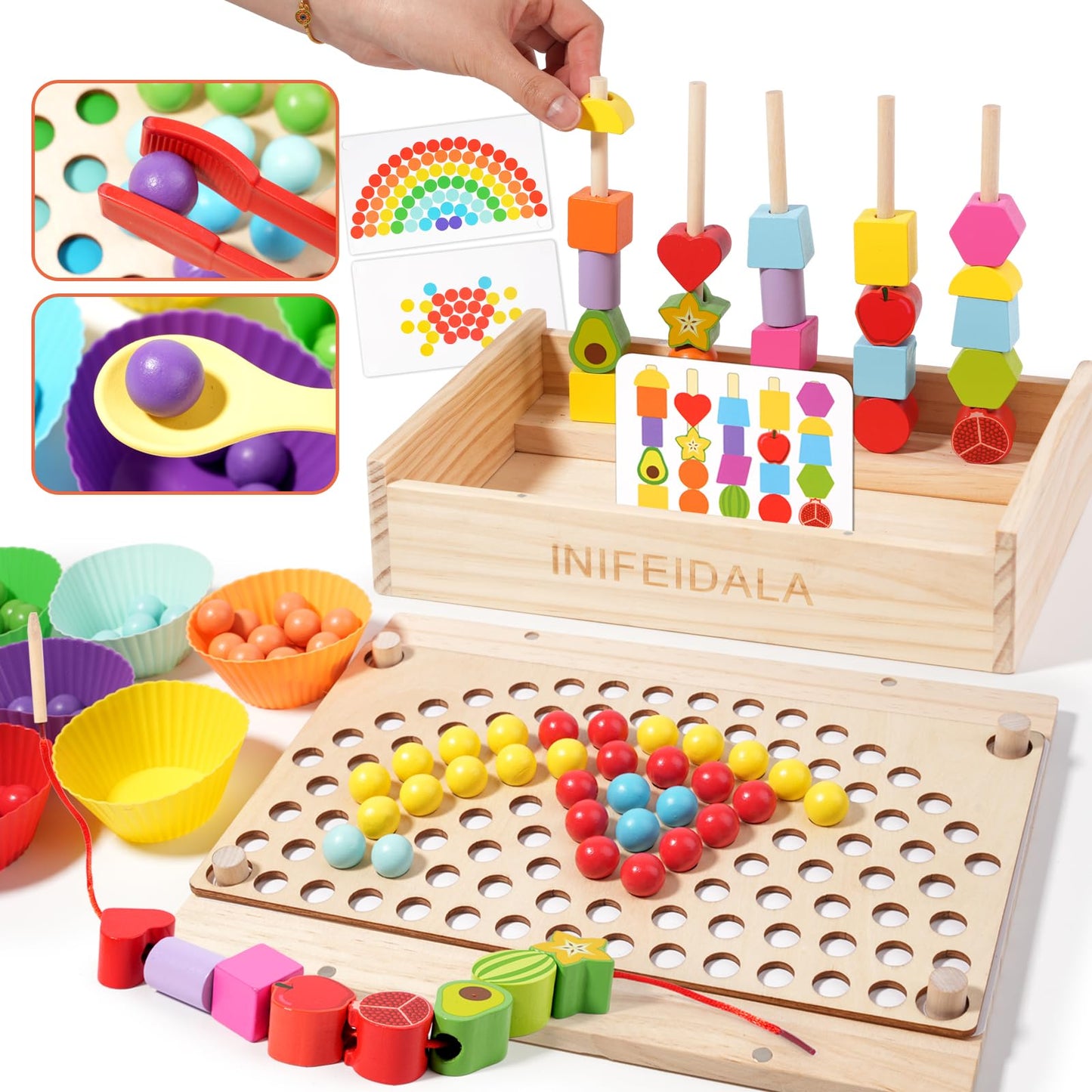 INIFEIDALA Toddler Montessori Toys – Rainbow Stacking, Beading & Shape Matching Set for 3-6 Year Olds