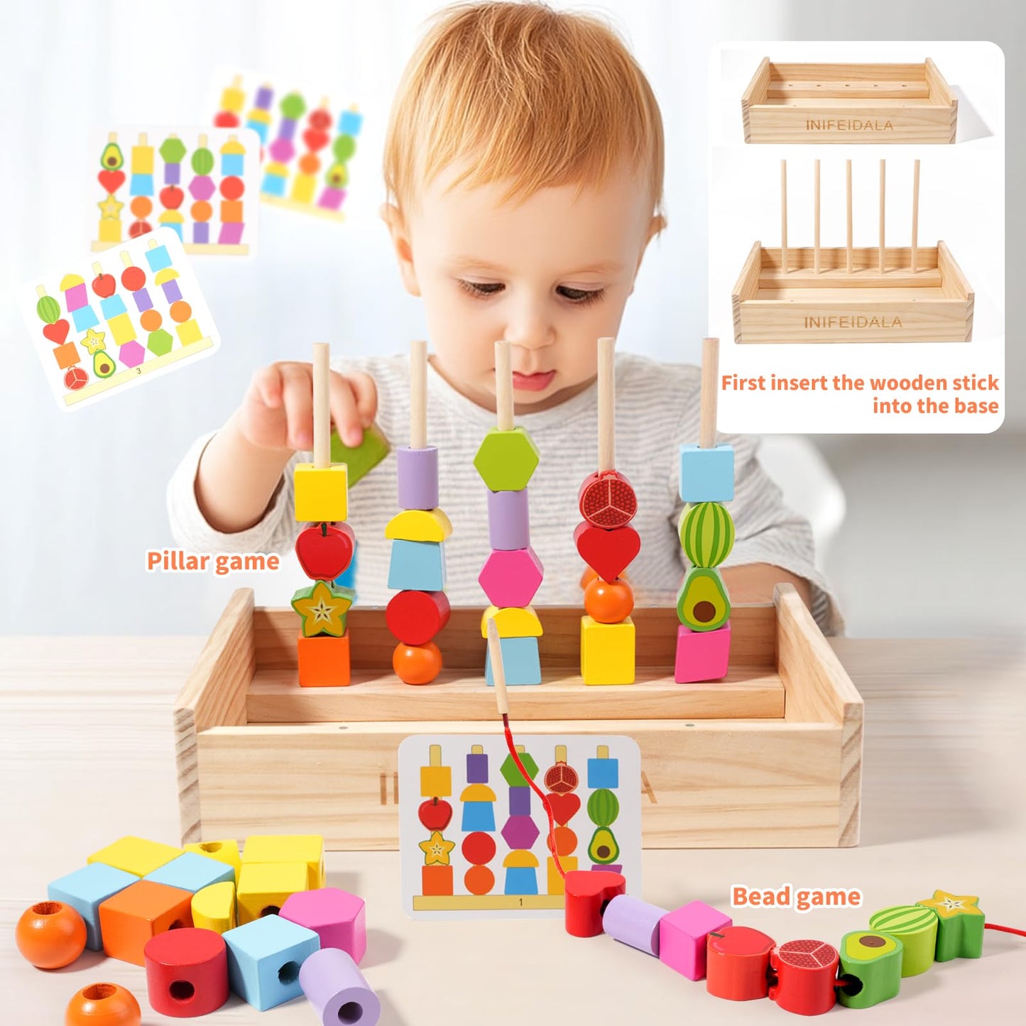 INIFEIDALA Toddler Montessori Toys – Rainbow Stacking, Beading & Shape Matching Set for 3-6 Year Olds