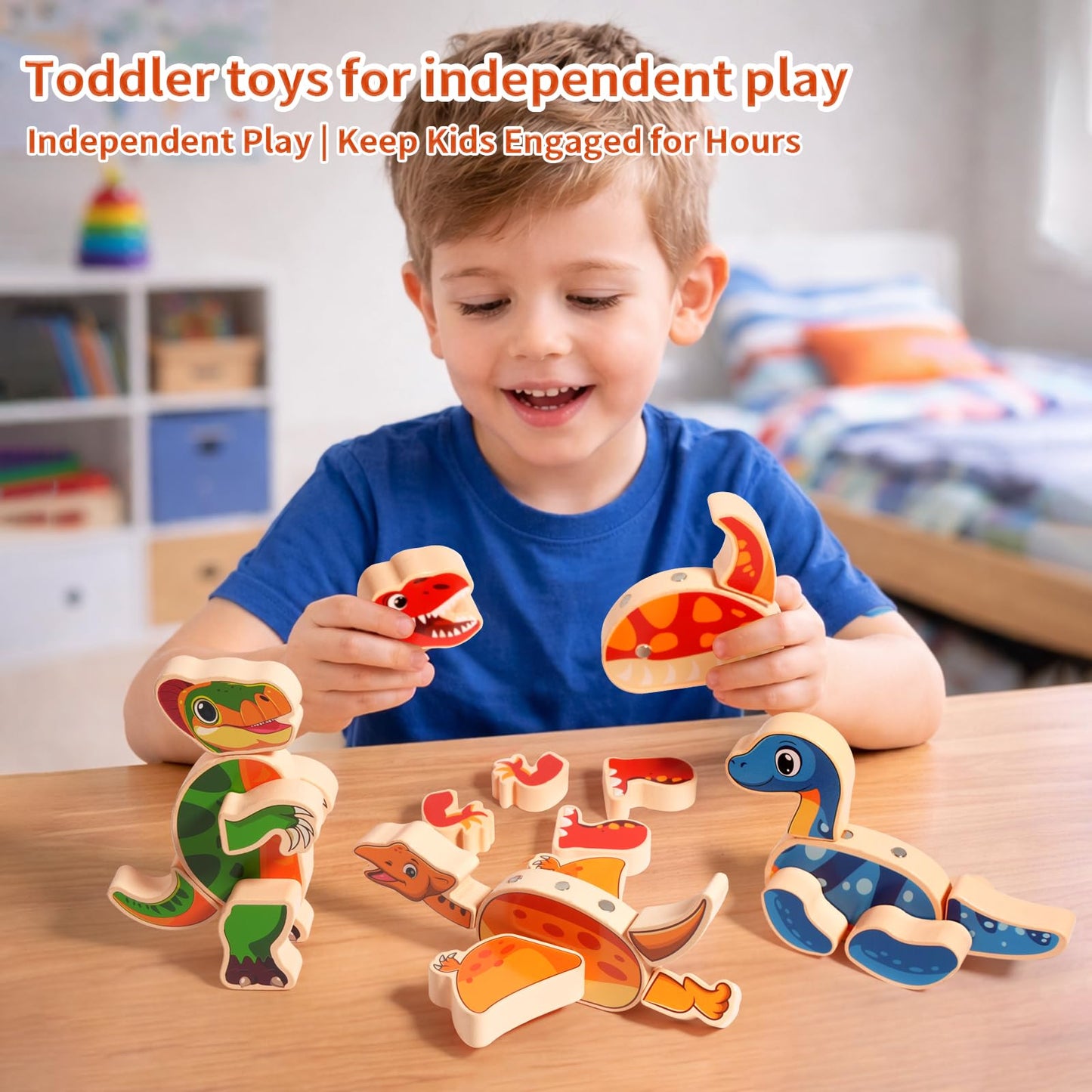 INIFEIDALA Magnetic Dinosaur Building Toys – Wooden Take-Apart Dino Blocks for STEM Learning (3+ Years)