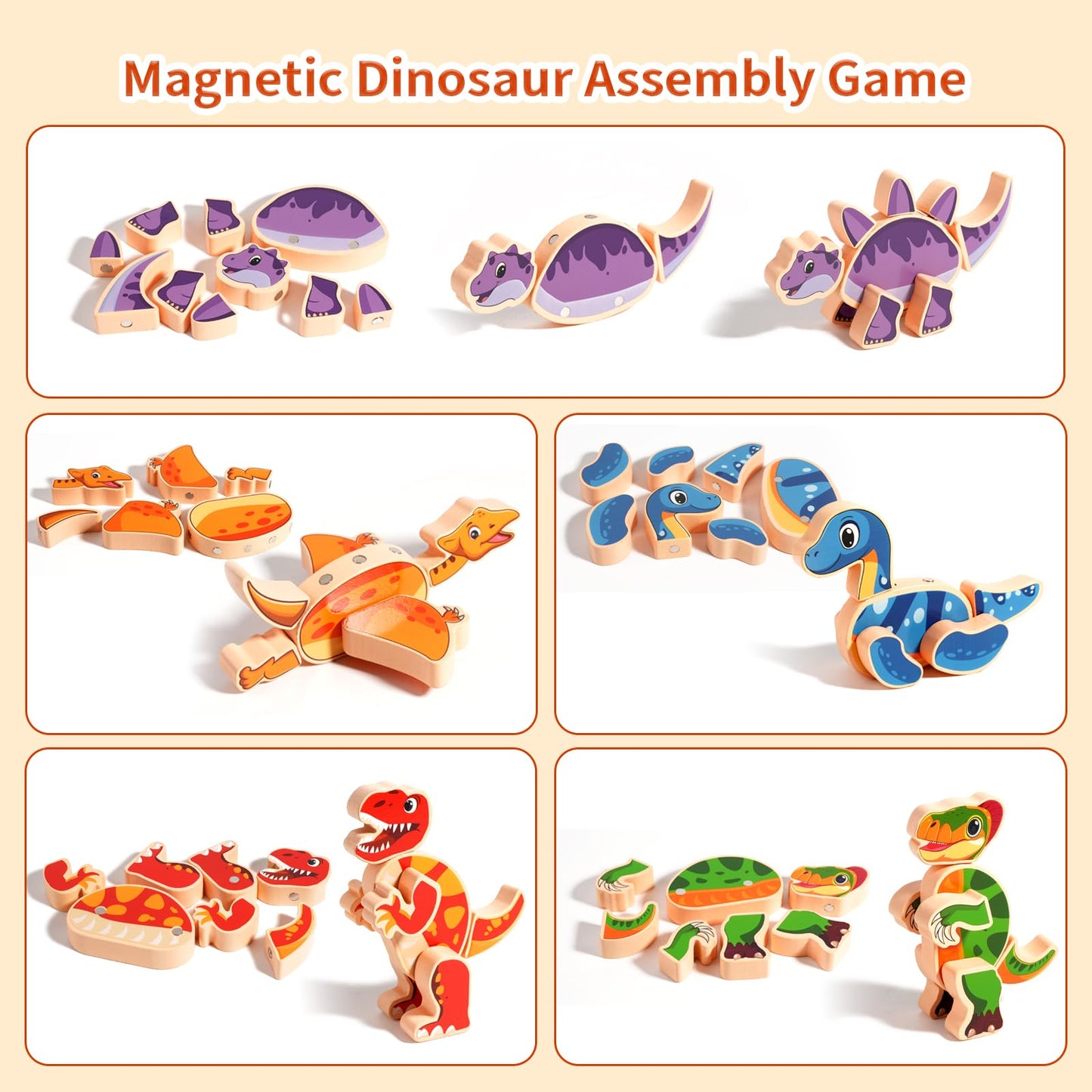 INIFEIDALA Magnetic Dinosaur Building Toys – Wooden Take-Apart Dino Blocks for STEM Learning (3+ Years)