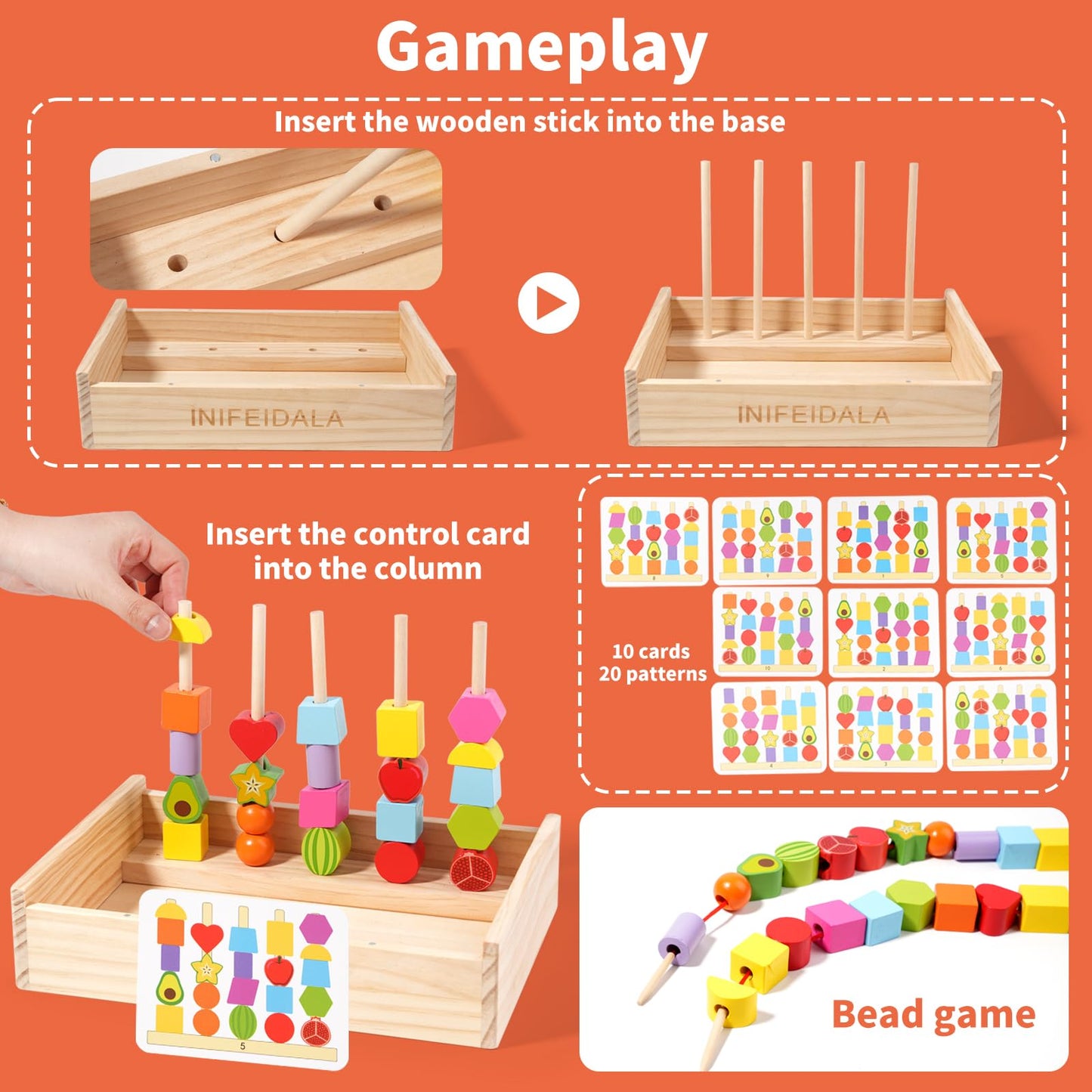 INIFEIDALA Toddler Montessori Toys – Rainbow Stacking, Beading & Shape Matching Set for 3-6 Year Olds