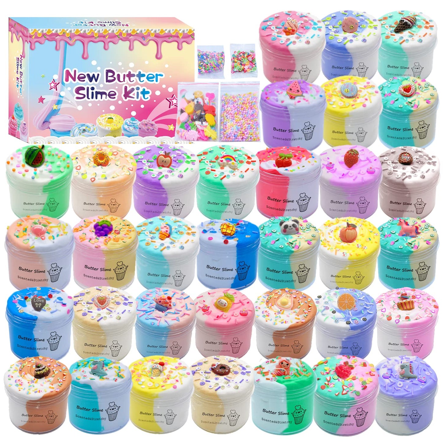 inksbui Butter Slime Kit 34 Pack Two-Toned Slime – Stress Relief Toys & Party Favors for Kids 6-12