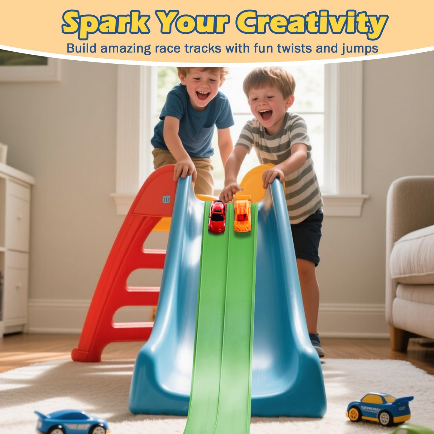 INKZOO Upgrade Flexible Race Track for Kids 3+ – 15ft Roll-Up, 1/64 Diecast Compatible
