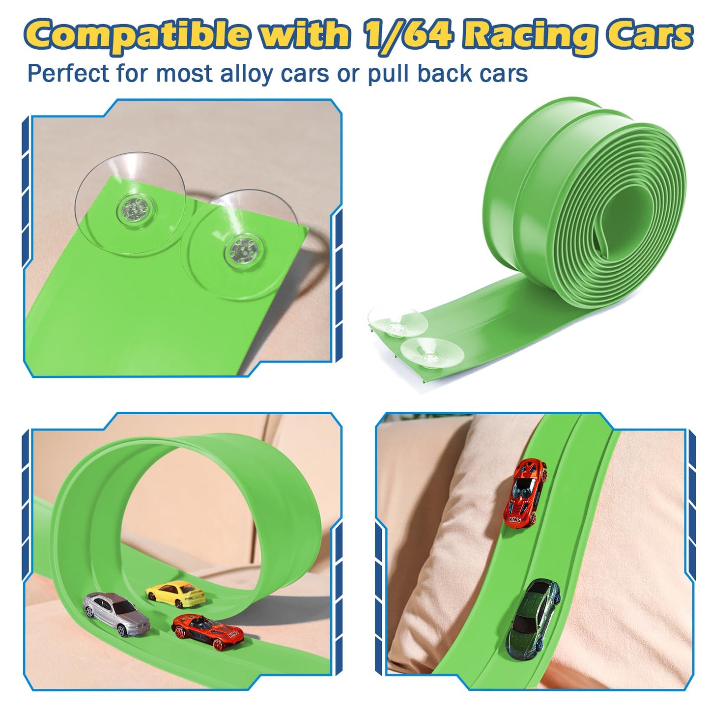 INKZOO Upgrade Flexible Race Track for Kids 3+ – 15ft Roll-Up, 1/64 Diecast Compatible