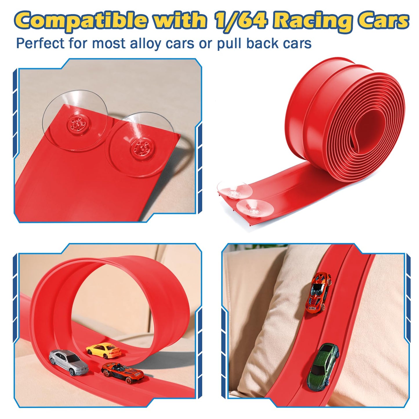 INKZOO Upgrade Flexible Race Track — 15ft, 1/64 Diecast Compatible, Roll-Up with Suction Cups