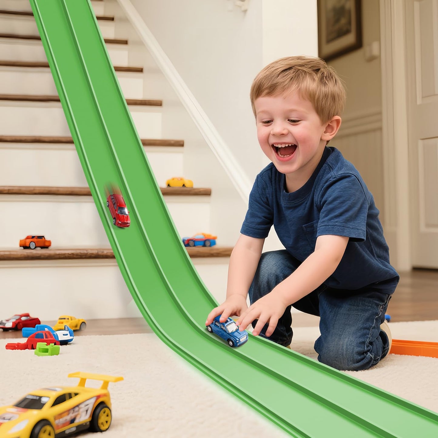 INKZOO Upgrade Flexible Race Track for Kids 3+ – 15ft Roll-Up, 1/64 Diecast Compatible