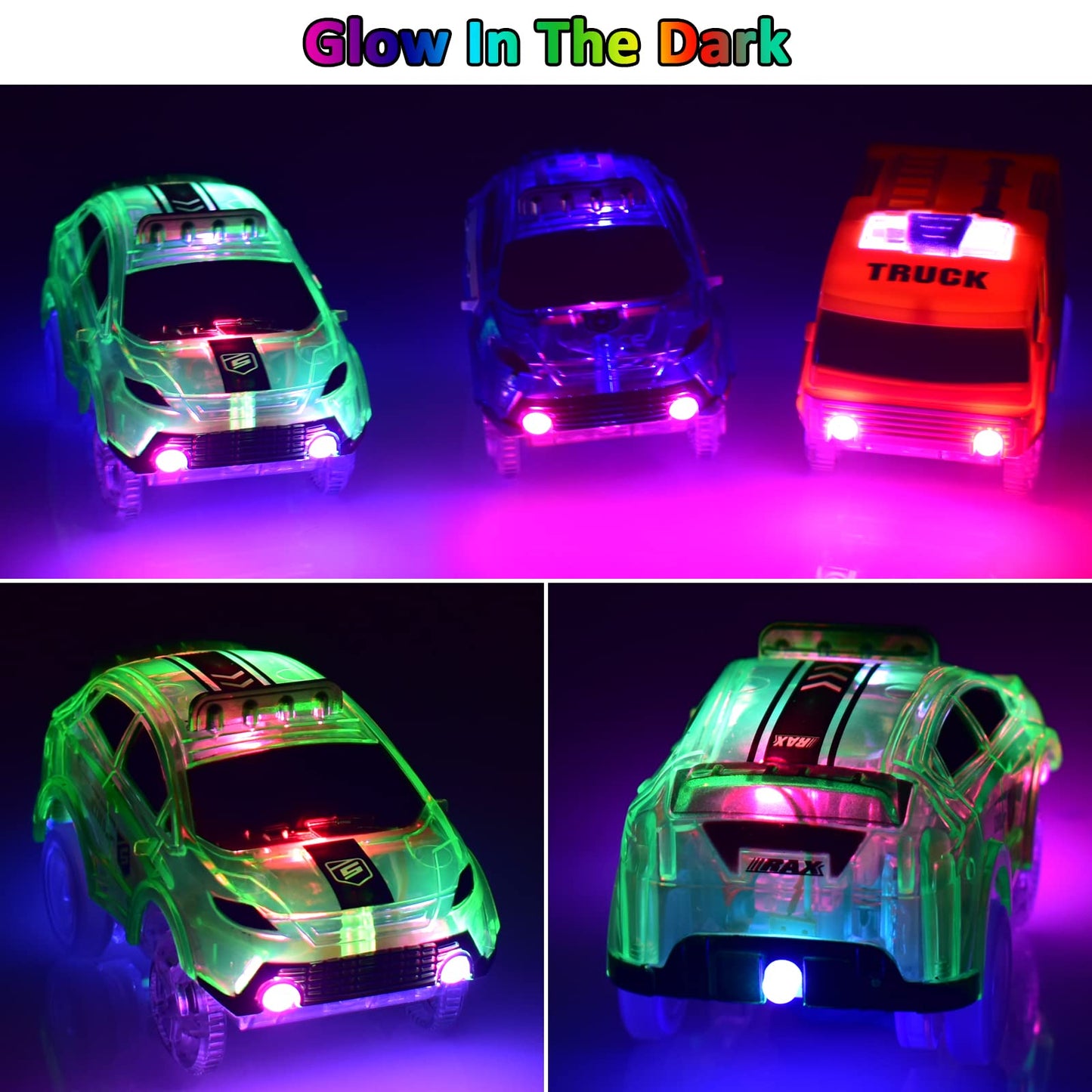 INLAIER Track Cars Glow 4-Pack – 5 LED Lights, Fits Most Tracks, Screwdriver Included
