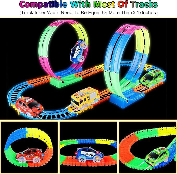 INLAIER Track Cars Glow 4-Pack – 5 LED Lights, Fits Most Tracks, Screwdriver Included