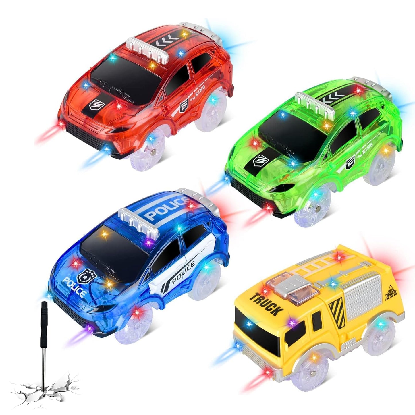 INLAIER Track Cars Glow 4-Pack – 5 LED Lights, Fits Most Tracks, Screwdriver Included
