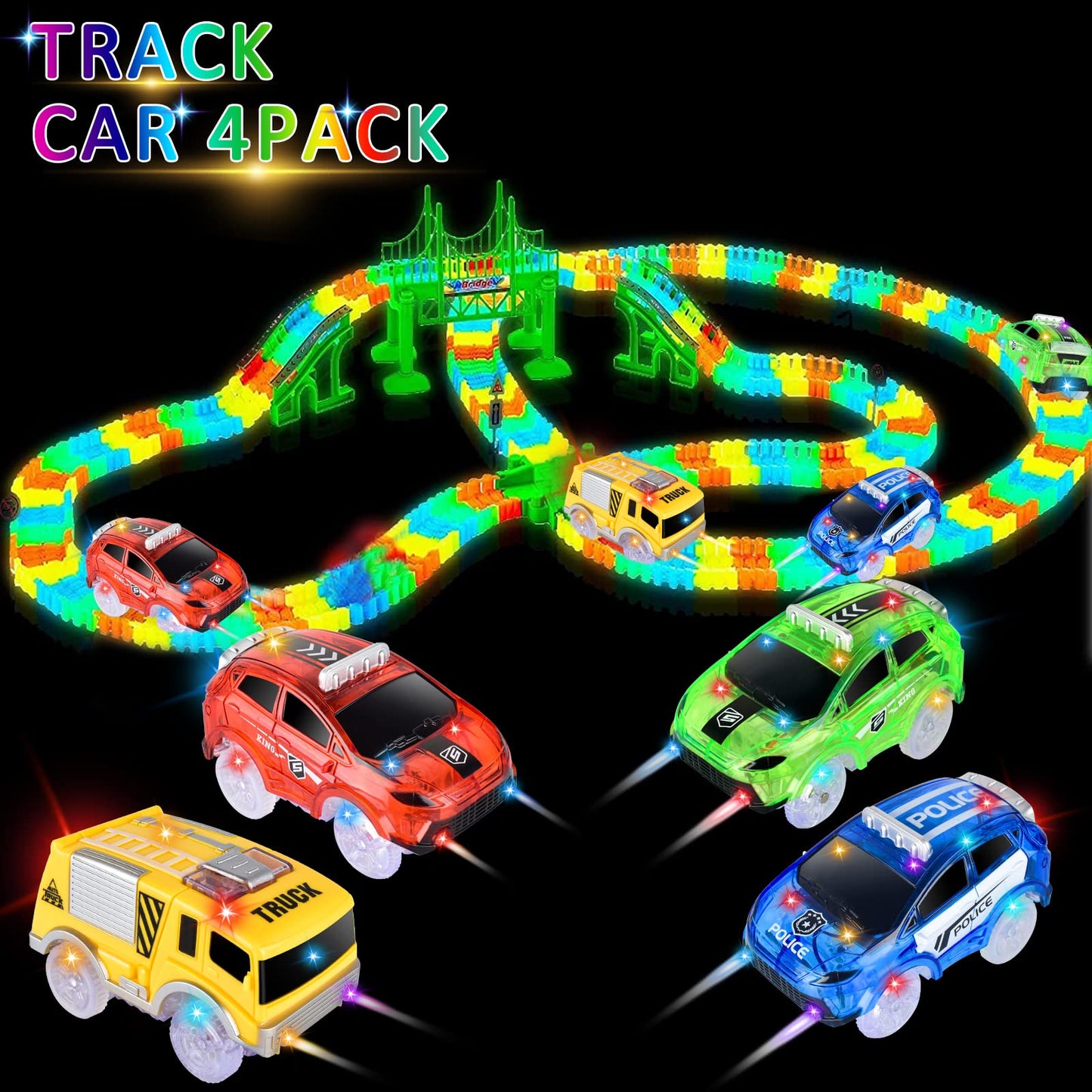 INLAIER Track Cars Glow 4-Pack – 5 LED Lights, Fits Most Tracks, Screwdriver Included