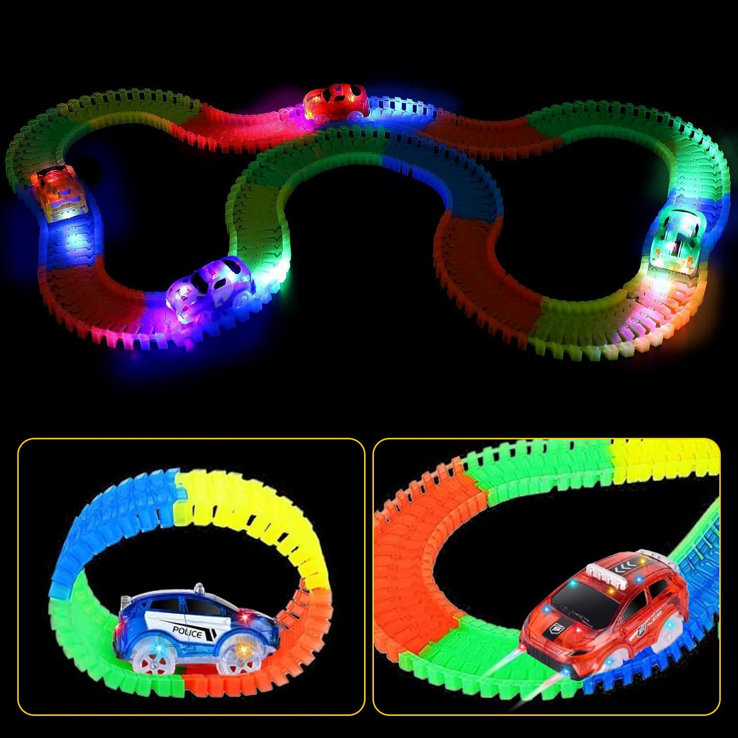 INLAIER Track Cars Glow 4-Pack – 5 LED Lights, Fits Most Tracks, Screwdriver Included