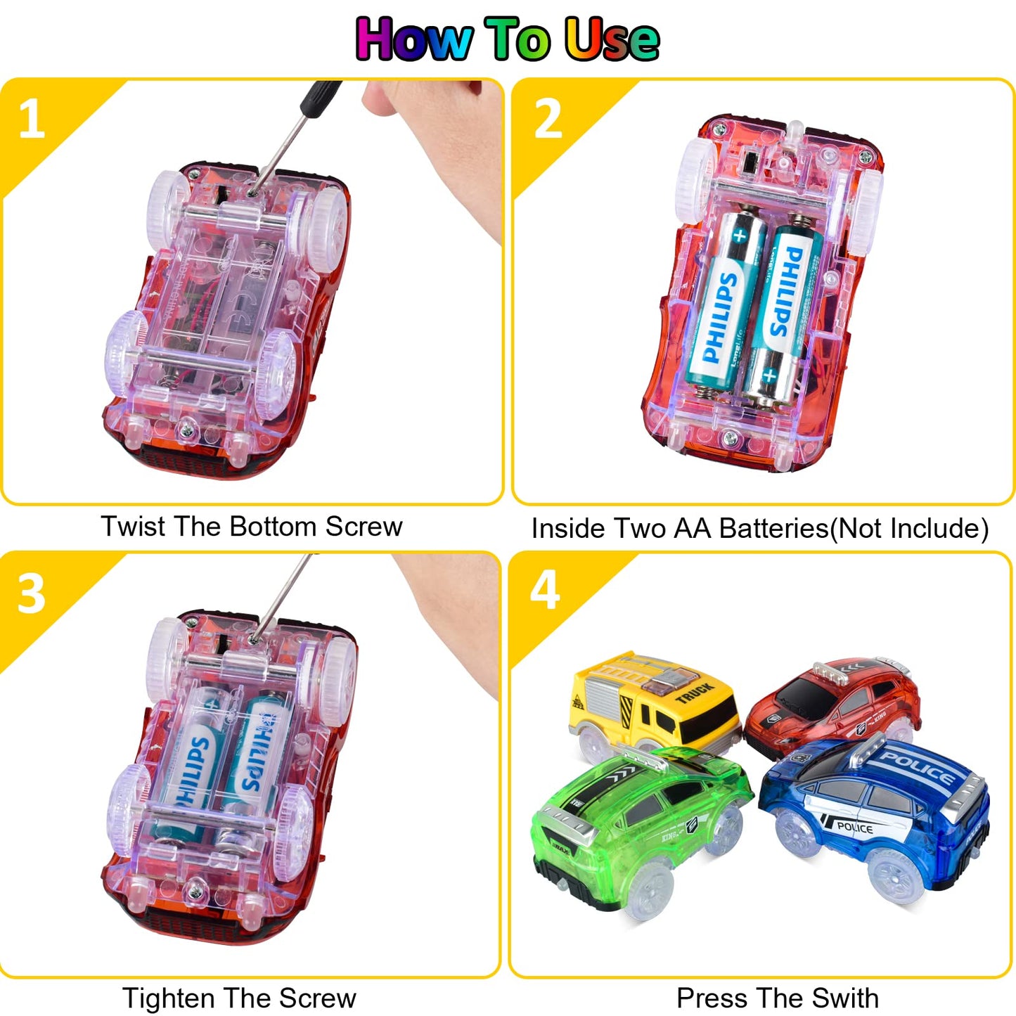 INLAIER Track Cars Glow 4-Pack – 5 LED Lights, Fits Most Tracks, Screwdriver Included