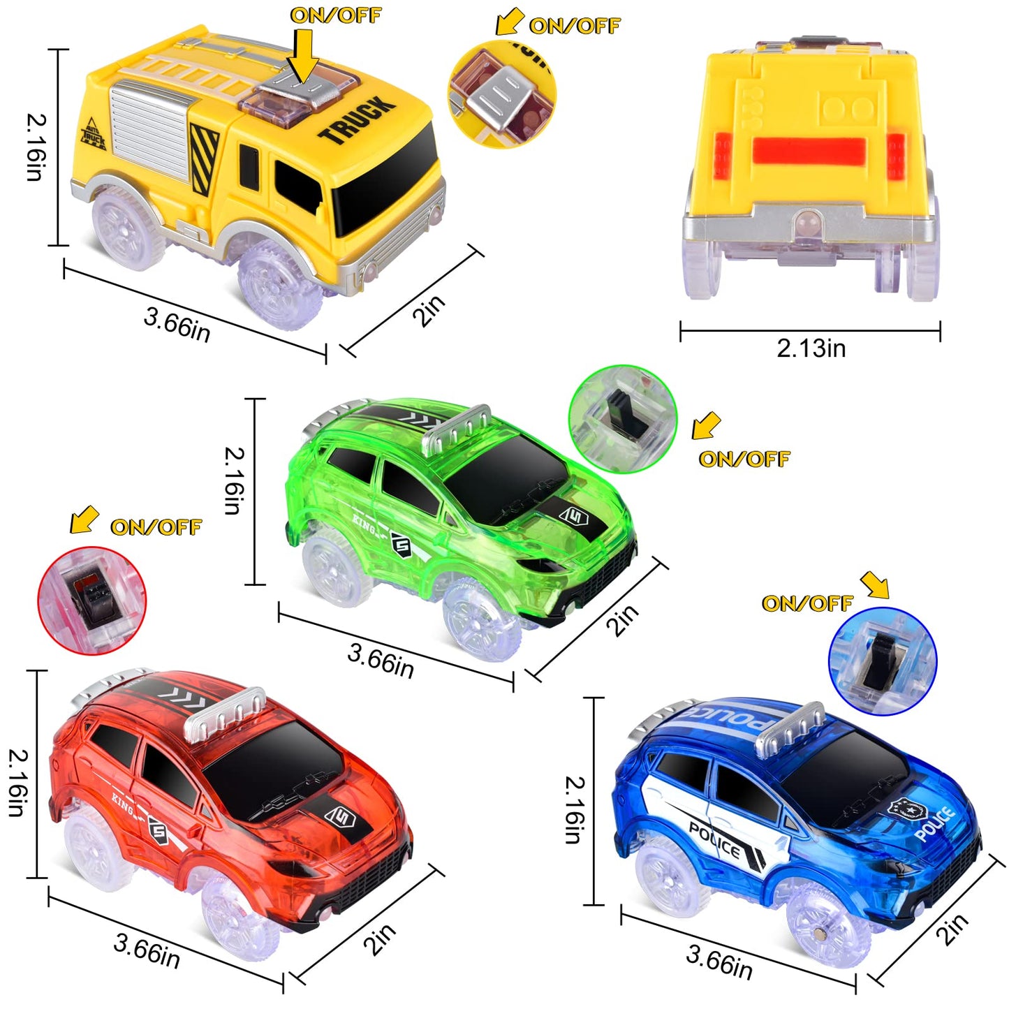 INLAIER Track Cars Glow 4-Pack – 5 LED Lights, Fits Most Tracks, Screwdriver Included