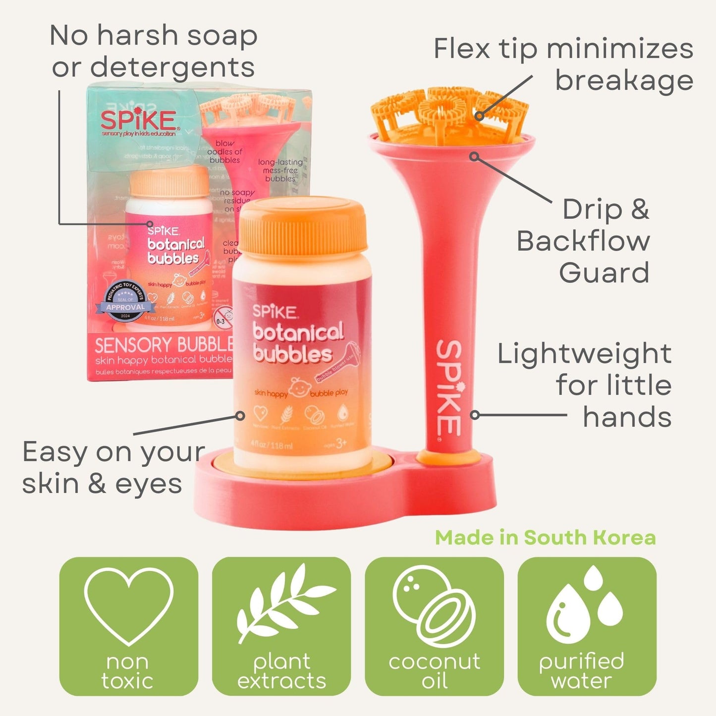Innobaby SPIKE Bubble Blower - Mess-Free Botanical Bubbles & Dipping Tray - Pink