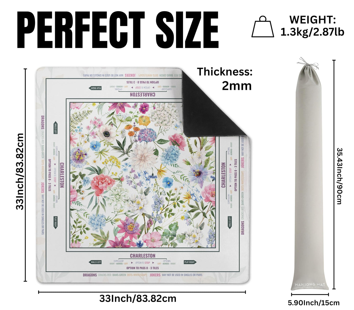 InnoBeta Mahjong Mat 33x33 – Non-Slip, Noise-Reducing Play Surface Flower-Carnation-12