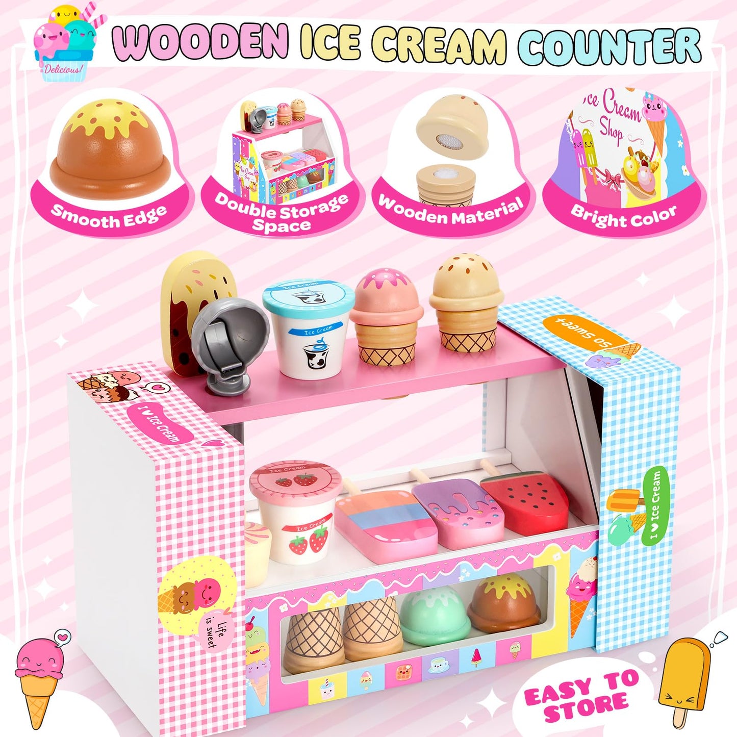 INNOCHEER Wooden Ice Cream Play Set – Pretend Shop Toys for Kids 3–8