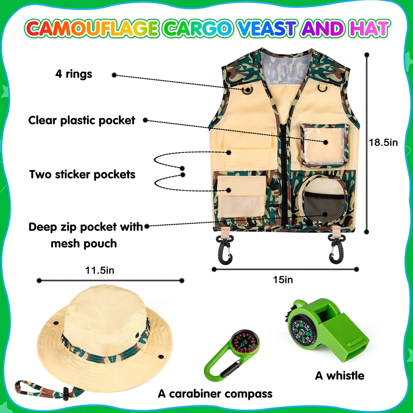 INNOCHEER Kids Explorer Kit & Bug Catcher Set – Safari Vest, Hat, Binoculars, Net, Bug Book (Camouflage Green)