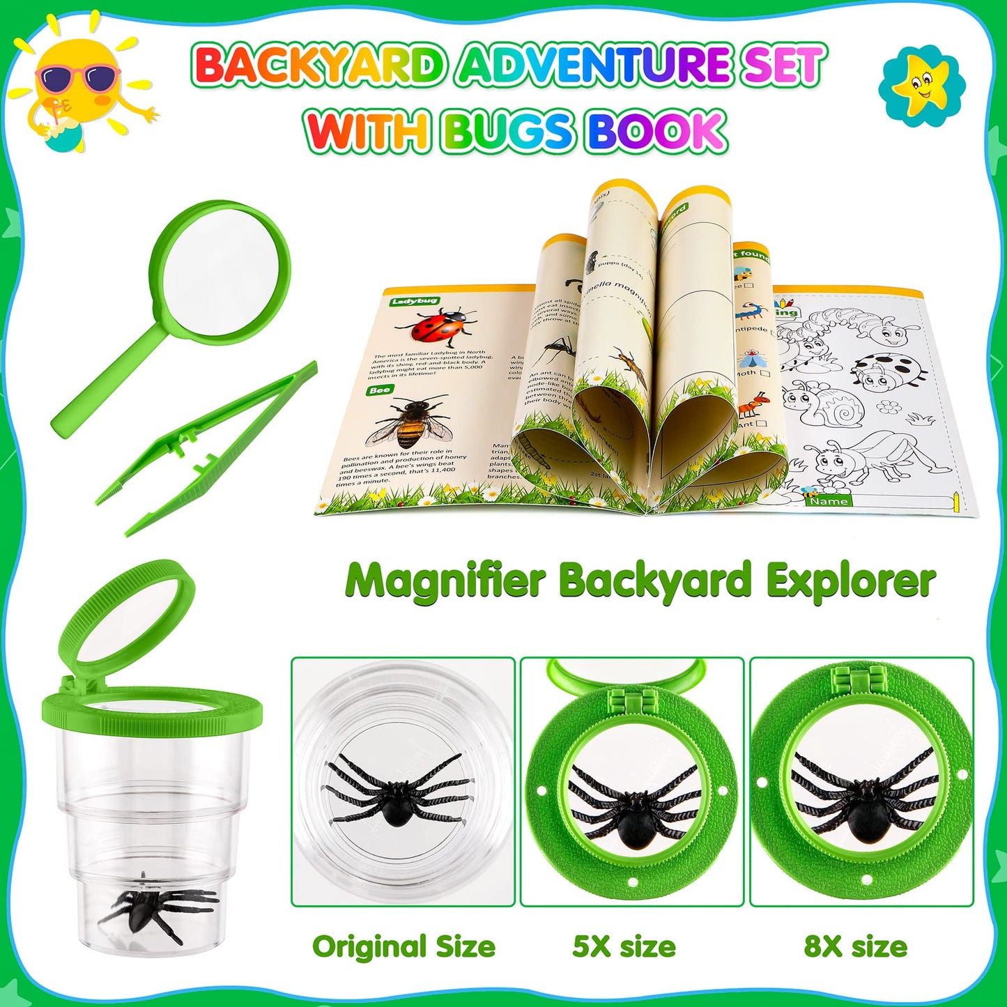 INNOCHEER Kids Explorer Kit & Bug Catcher Set – Safari Vest, Hat, Binoculars, Net, Bug Book (Camouflage Green)