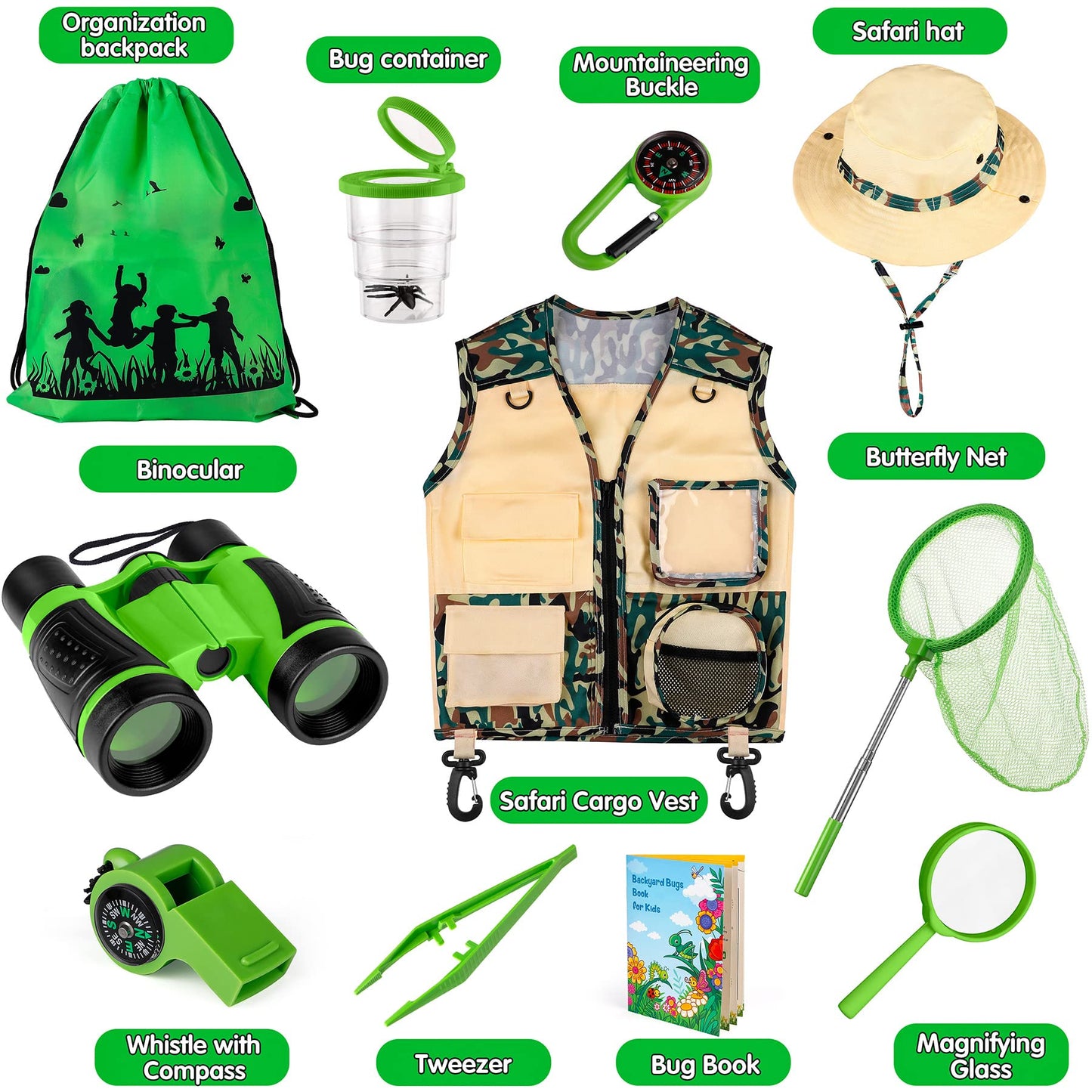INNOCHEER Kids Explorer Kit & Bug Catcher Set – Safari Vest, Hat, Binoculars, Net, Bug Book (Camouflage Green)