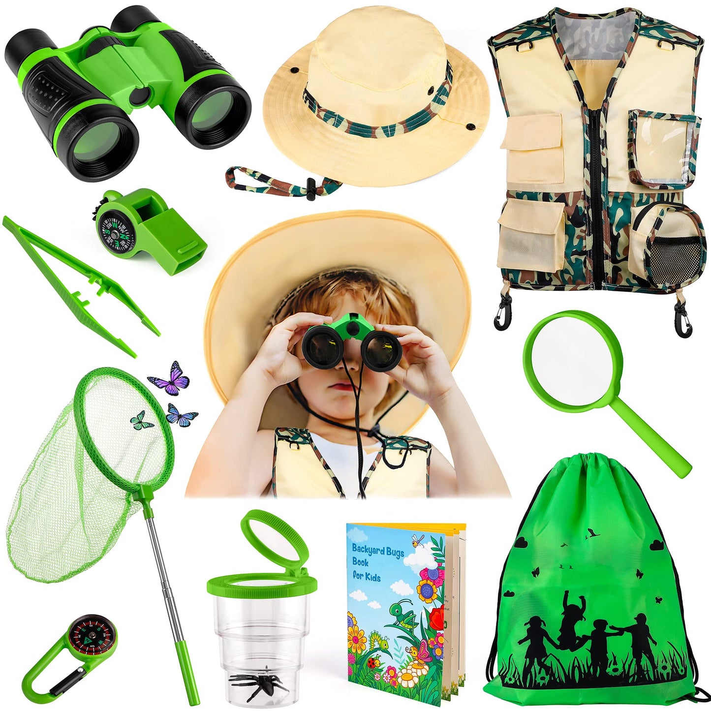 INNOCHEER Kids Explorer Kit & Bug Catcher Set – Safari Vest, Hat, Binoculars, Net, Bug Book (Camouflage Green)