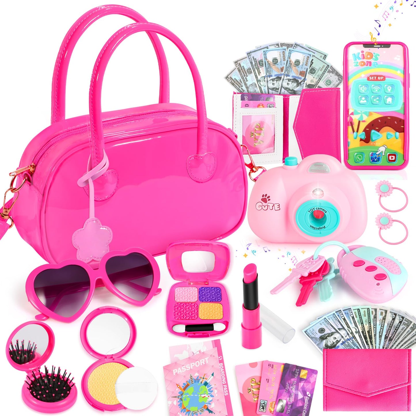 INNOCHEER Little Girls Purse – Pink Patent Leather Dress-Up Toy Purse with Flower Pendant
