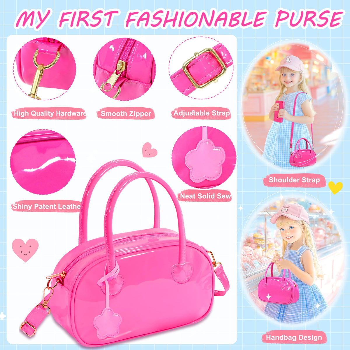 INNOCHEER Little Girls Purse – Pink Patent Leather Dress-Up Toy Purse with Flower Pendant