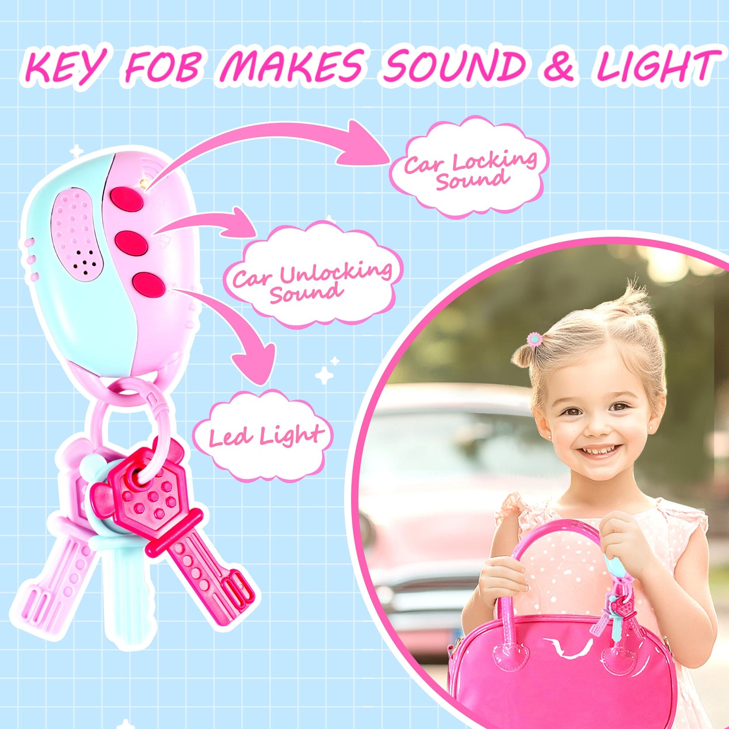 INNOCHEER Little Girls Purse – Pink Patent Leather Dress-Up Toy Purse with Flower Pendant
