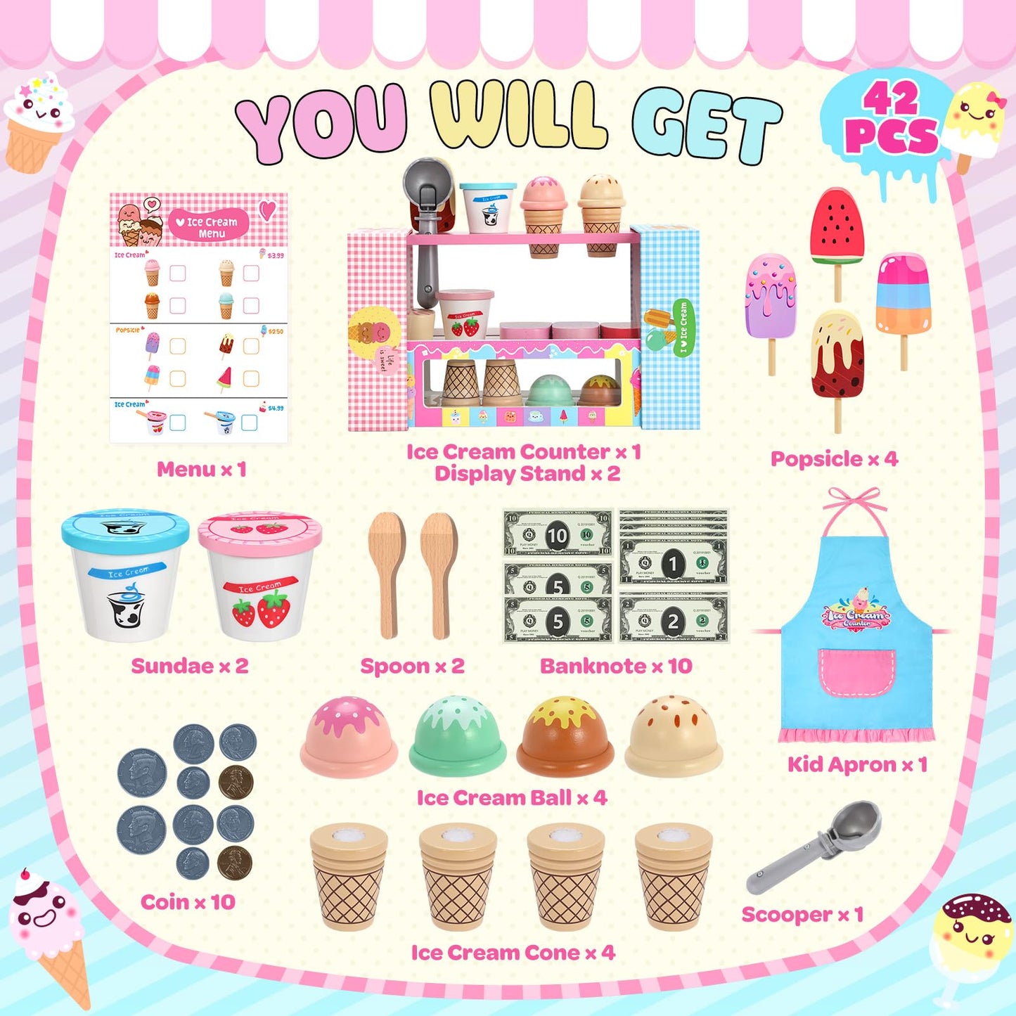 INNOCHEER Wooden Ice Cream Play Set – Pretend Shop Toys for Kids 3–8