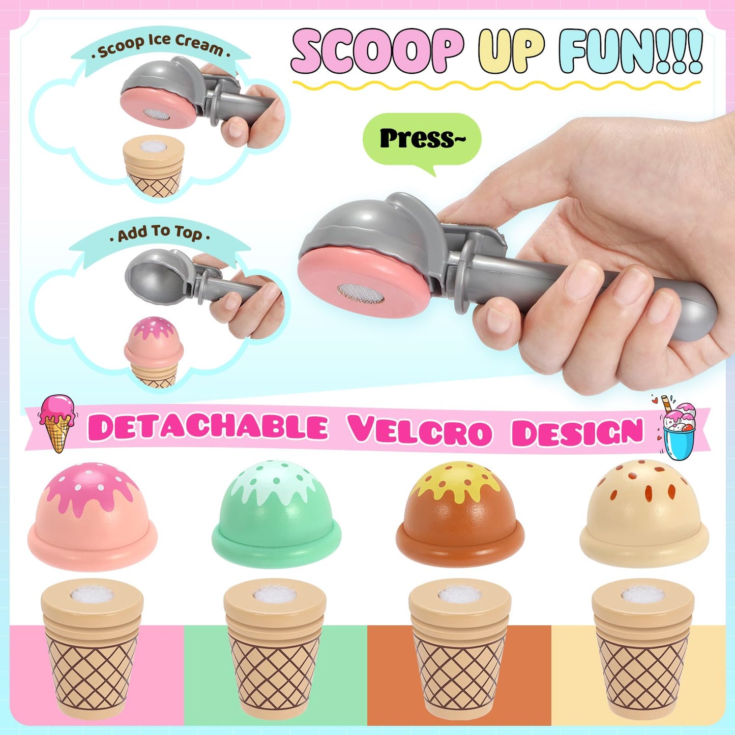 INNOCHEER Wooden Ice Cream Play Set – Pretend Shop Toys for Kids 3–8