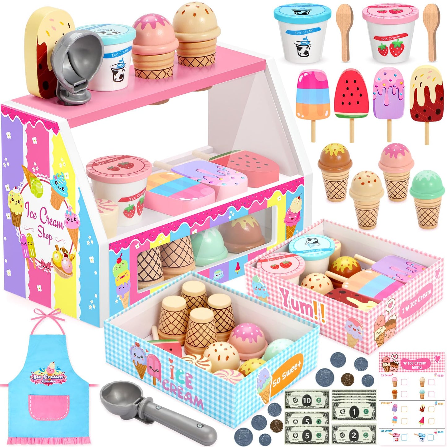 INNOCHEER Wooden Ice Cream Play Set – Pretend Shop Toys for Kids 3–8