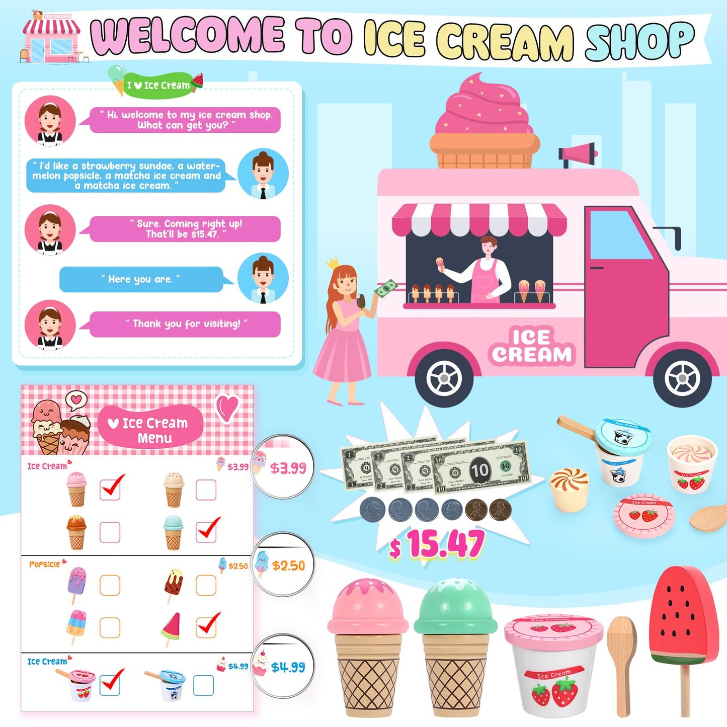 INNOCHEER Wooden Ice Cream Play Set – Pretend Shop Toys for Kids 3–8
