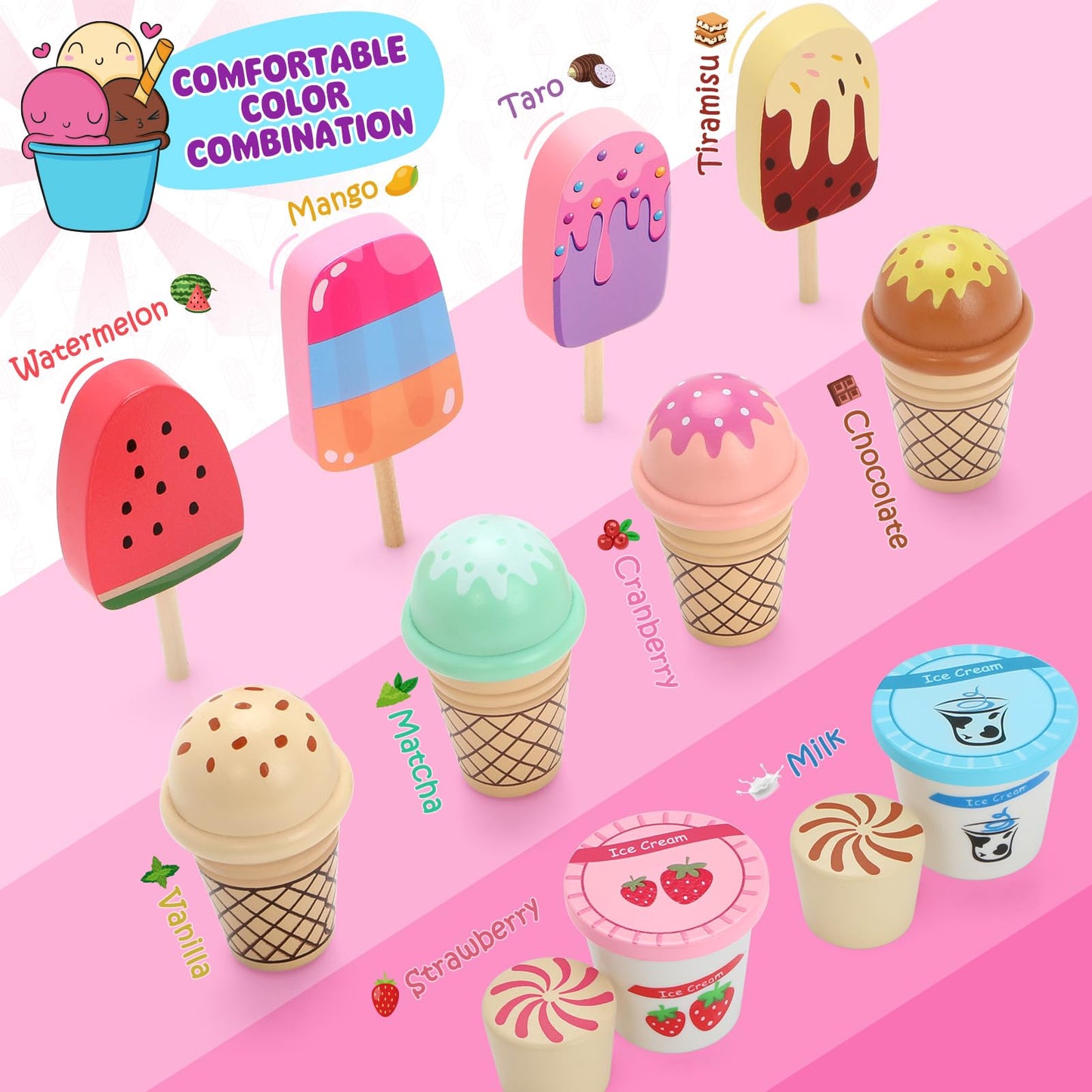 INNOCHEER Wooden Ice Cream Play Set – Pretend Shop Toys for Kids 3–8